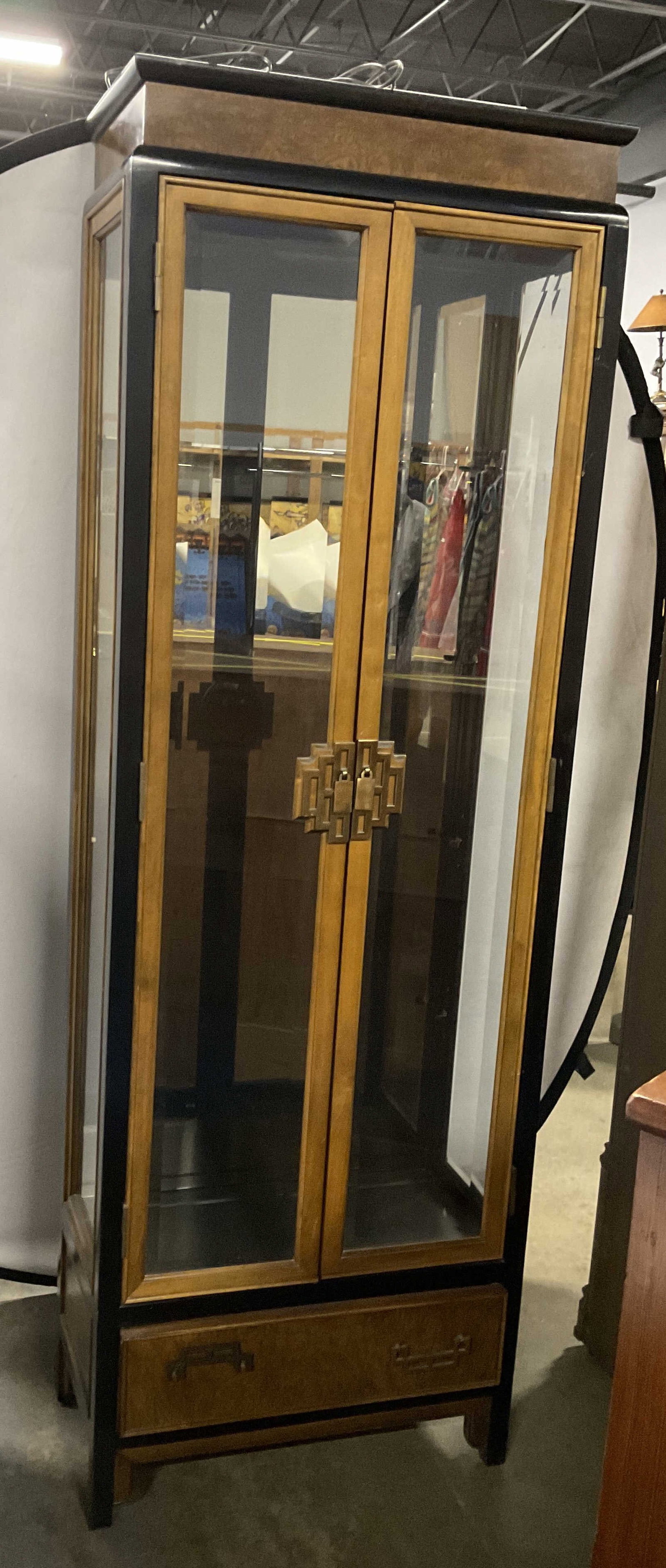 Chin Hua by Century 77.5in Mirrored Curio Cabinet: Chin Hua by Century Furniture Industries Lighted Three-Toned Mirrored Curio Cabinet. Designed by Raymond K. Sobota. Black, Natural Wood Grain, and Speckled Pattern Sections. 2 Glass Paneled Doors. Dra