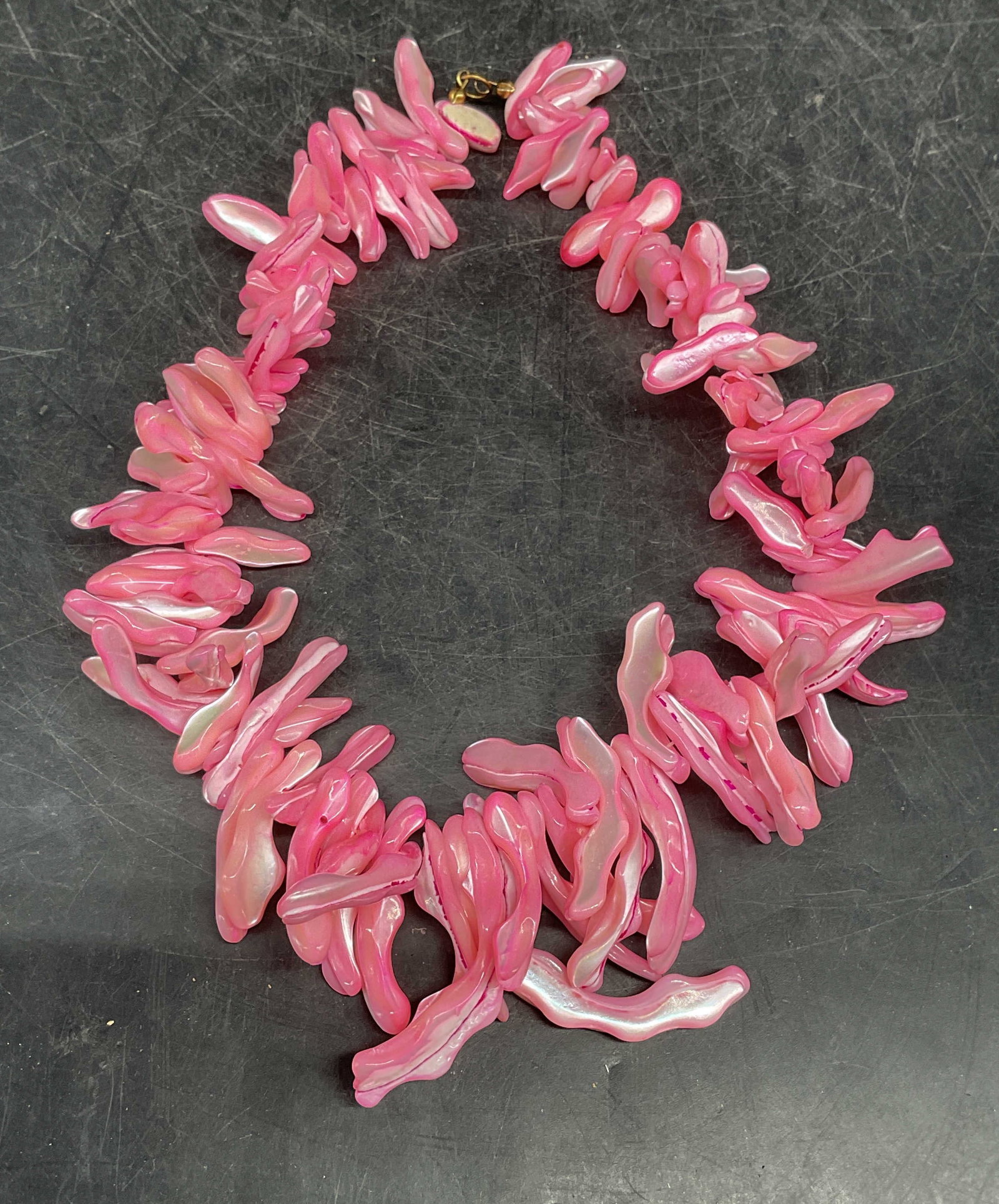 Vintage Bright Pink Mother of Pearl Necklace: Vintage dyed bright pink mother of pearl beaded choker necklace. Drop length measures approx. 6 inches. Some scratching. Jewelry, estate jewelry, costume jewelry, fashion jewelry, cocktail jewelry, ac