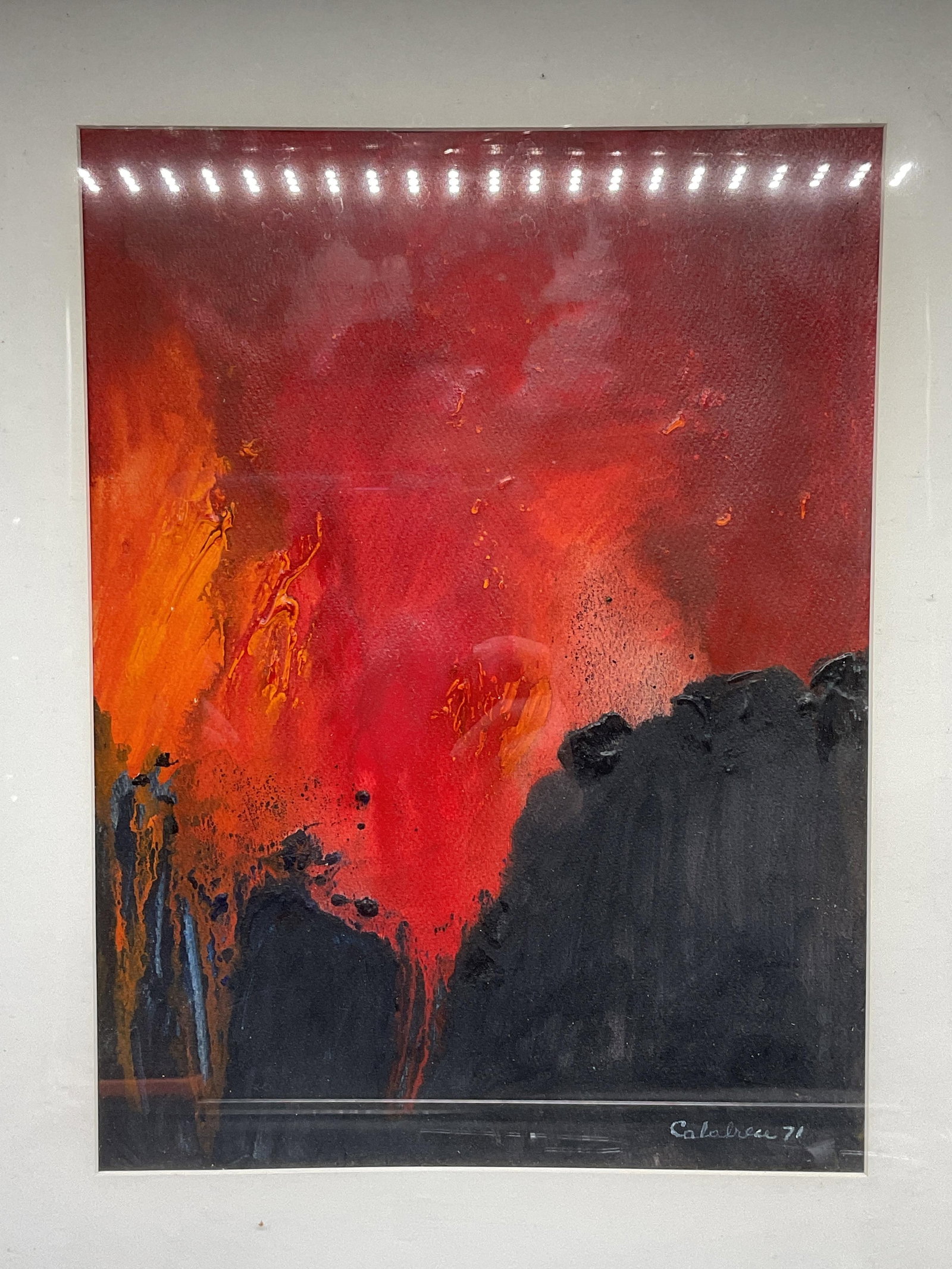 Sgnd Abstract Red&Black Mixed Media Painting 1971: Framed and matted mixed painting. Signed and dated lower right, illegible, possibly Calabrese, 1971. Abstract composition in red and black with textured surface. Wood frame, not examined out of frame.