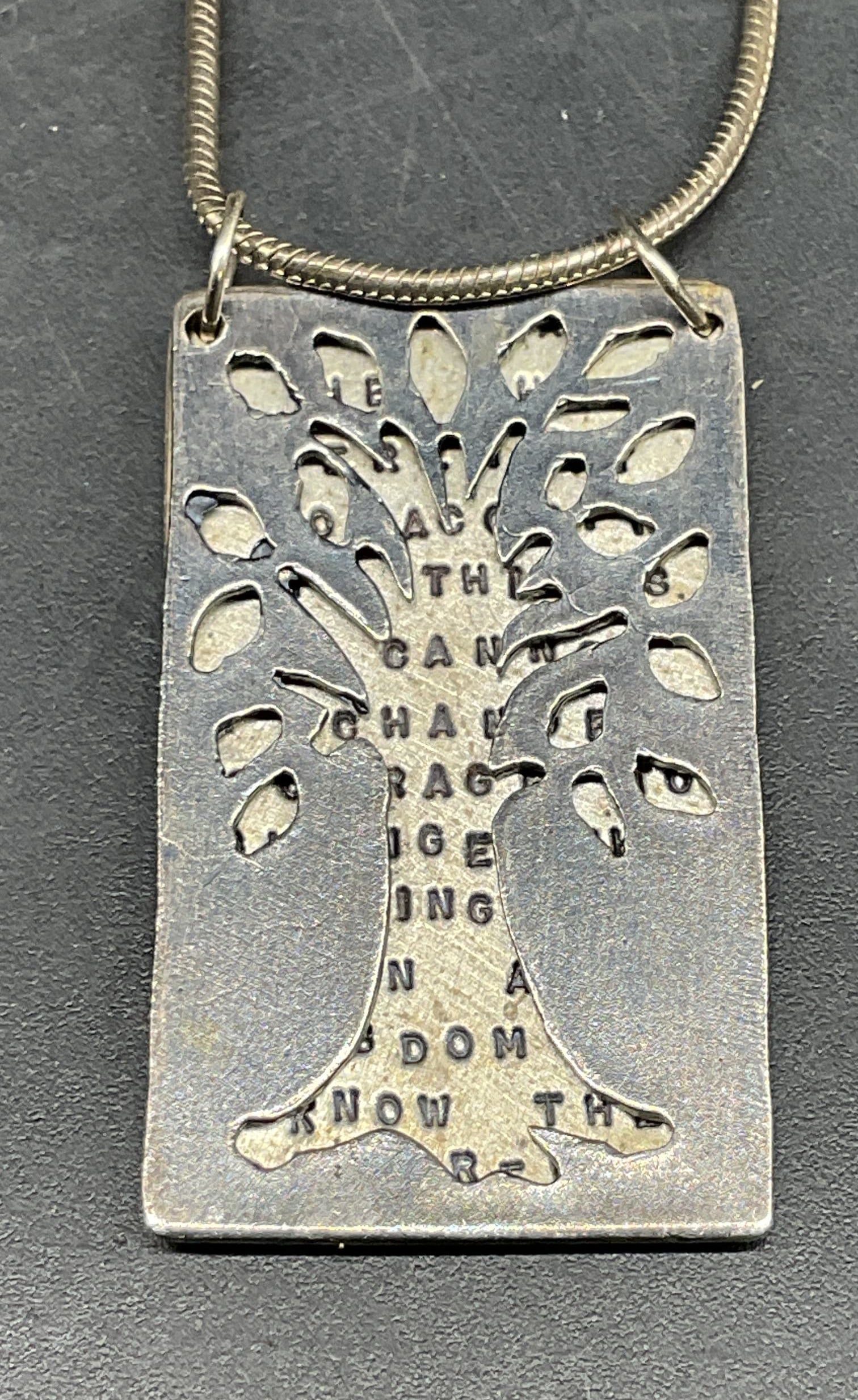 KCB Sterling Silver Tree Necklace: Vintage signed KCB sterling silver necklace with tree and religious motif pendant. Marked sterling. Drop length measures approx. 11.5 inches. Total weight 16.4 grams. Some scratching. Jewelry, estate 