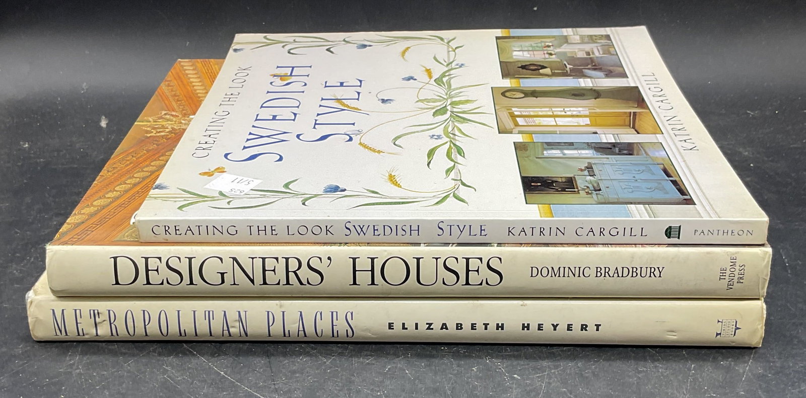 Lot 3 Interior Design Hardcover Books Illustrated: Lot of 3 hardcover and softcover interior design books. Fully illustrated. Metropolitan Places, Heyert, Viking Studio Books, 1989. Designers Houses, Bradbury, The Vendome Press, 2001. Swedish Style, C