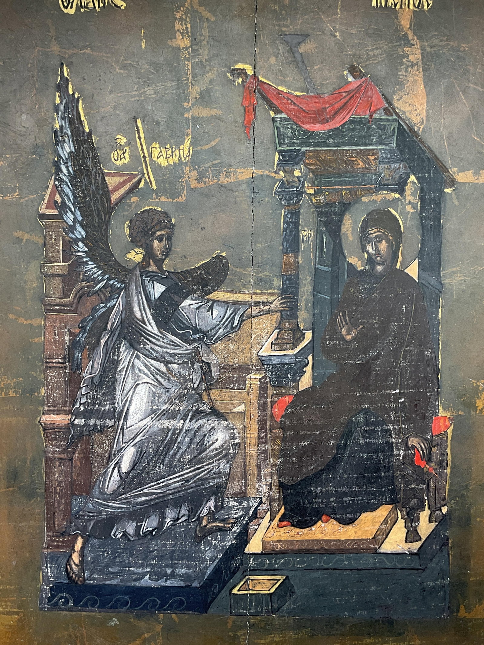 Byzantine Reproduction Annunciation Panel: Vintage hand painted and gilt Byzantine reproduction panel depicting the Annunciation of the Virgin Mary. Measures approx. 19 x 15 inches. Wear including scratching, hairlines, loss to paint. Byzantin