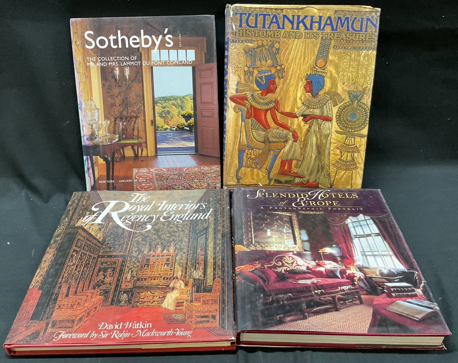 Lot 4 Design & Art Illus Bks 1970s-2000s+: Lot of 4 design and art books. The Collection Of Mr. And Mrs. Lammot Du Pont Copeland, Sothebys, 2001, New York Saturday January 19 2002. Tutank Hamun His Tomb And Its Treasures, I.E.S. Edwards, black