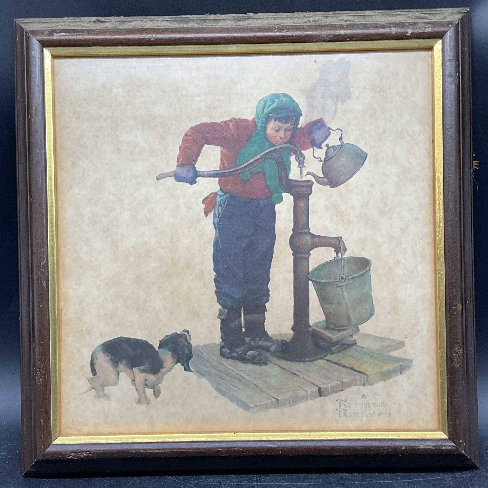Framed Norman Rockwell Winter Morning Litho: Framed lithograph. After Norman Rockwell, Winter Morning. Wood frame with gilt border. Not examined out of frame. Frame measures approx. 14 x 14 inches. Some wear consistent with exposure. Art, fine a