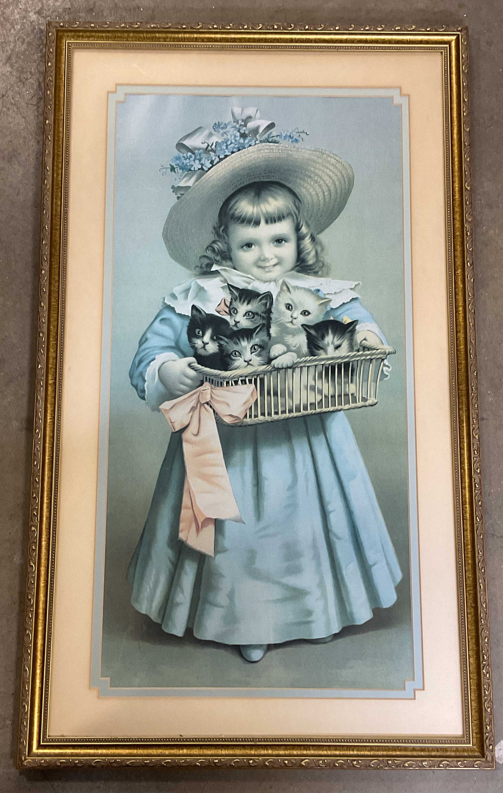Framed Child with Kittens Lithograph 32in (1 of 6)
