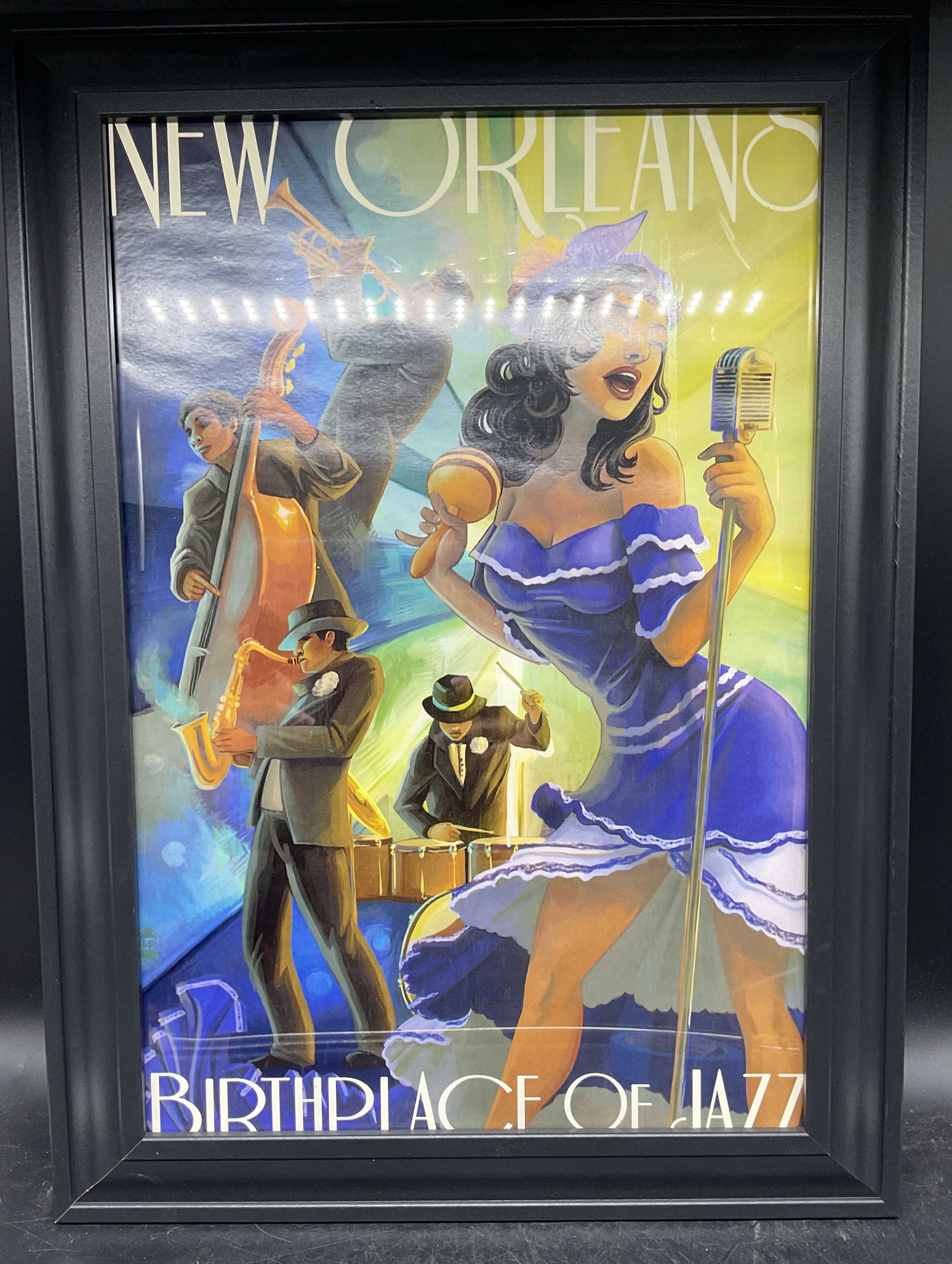 Framed New Orleans Jazz Musicians Litho: Framed lithograph. New Orleans, Birthplace of Jazz. Musicians. Black frame. Not examined out of frame. Frame measures approx. 22.5 x 16.5 inches. Some wear consistent with exposure. Art, framed art, h