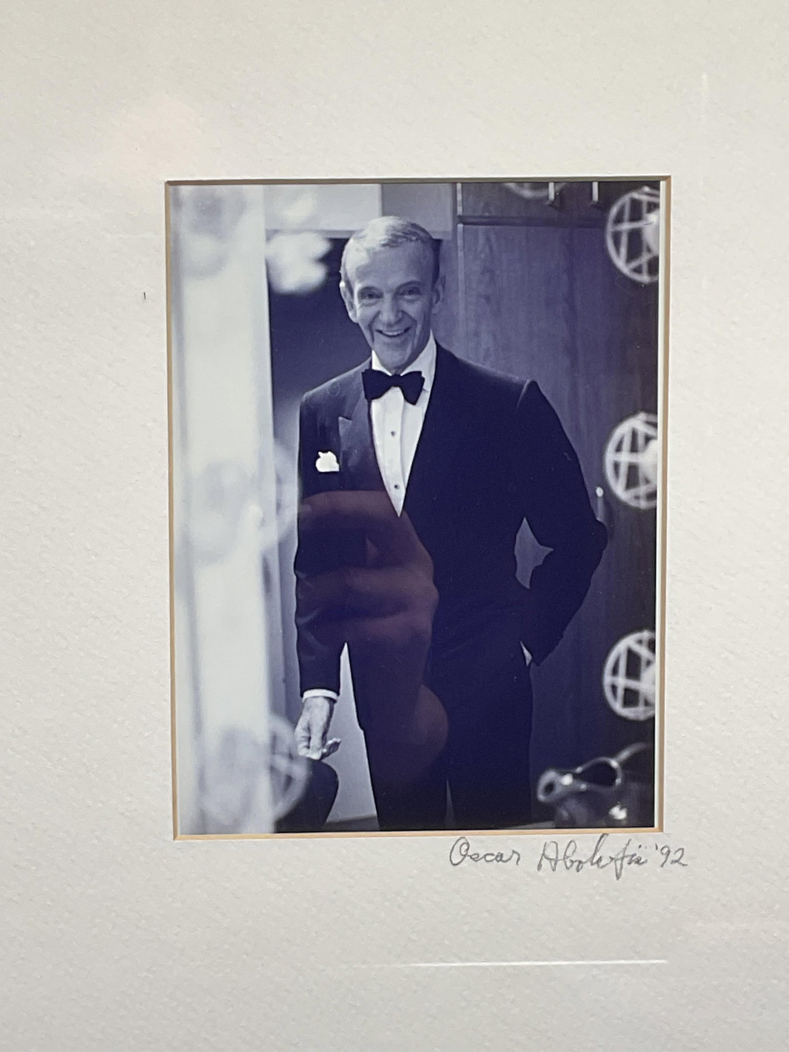 Abolafia Portrait of Fred Astaire Photo Print: Framed and matted photo print. Signed on the mat, Oscar Abolafia. Black wood frame. Not examined out of frame. Frame measures approx. 15 x 12 inches. Some wear consistent with exposure. Art, fine art 