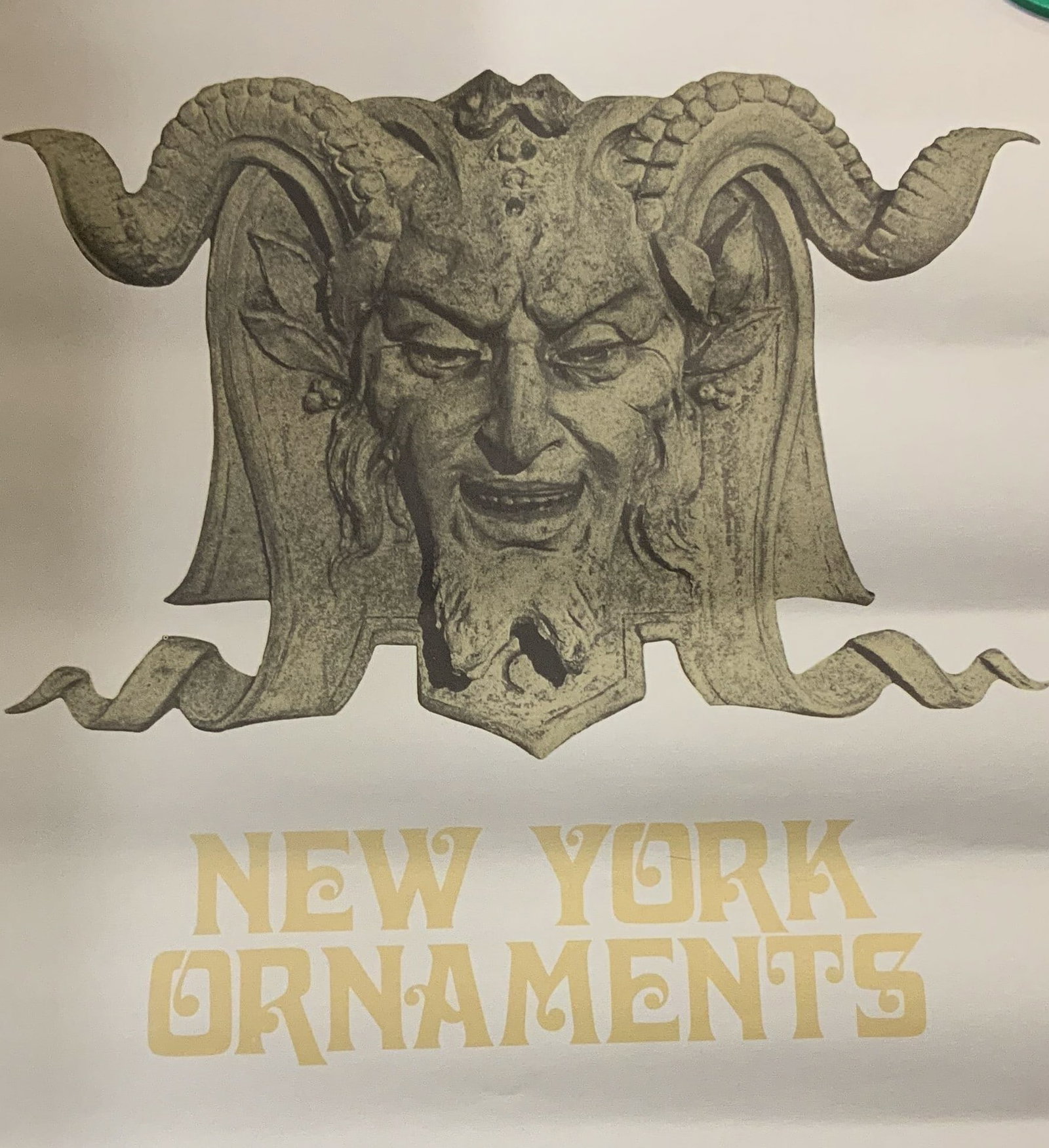 1974 The Brooklyn Museum NY Ornaments Poster 2ft: New York Ornaments. April 25- May 29, 1974. The Brooklyn Museum/Association for a better New York/ Rockefeller Center, Inc./ Anonymous Arts Recovery Society. Poster depicts a gargoyle head style. Surf