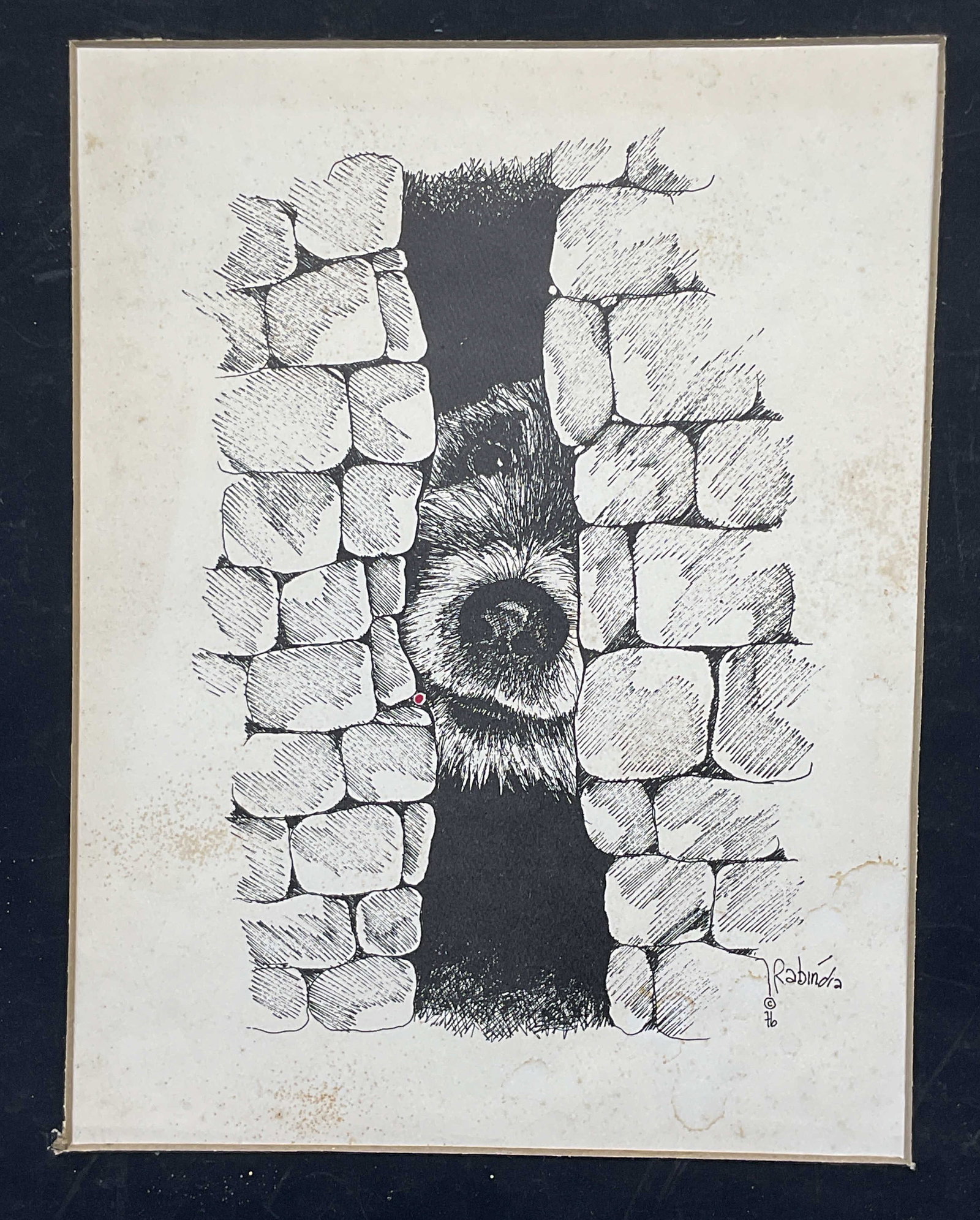 1976 Rabindra Dog Rock Wall Lithograph: Matted lithograph. Signature in print, Rabindra, 1976. Dog and rock wall. Paper measures approx. 12 x 9 inches. Wear including foxing. Art, fine art print, framed art, home decor, home accessories,