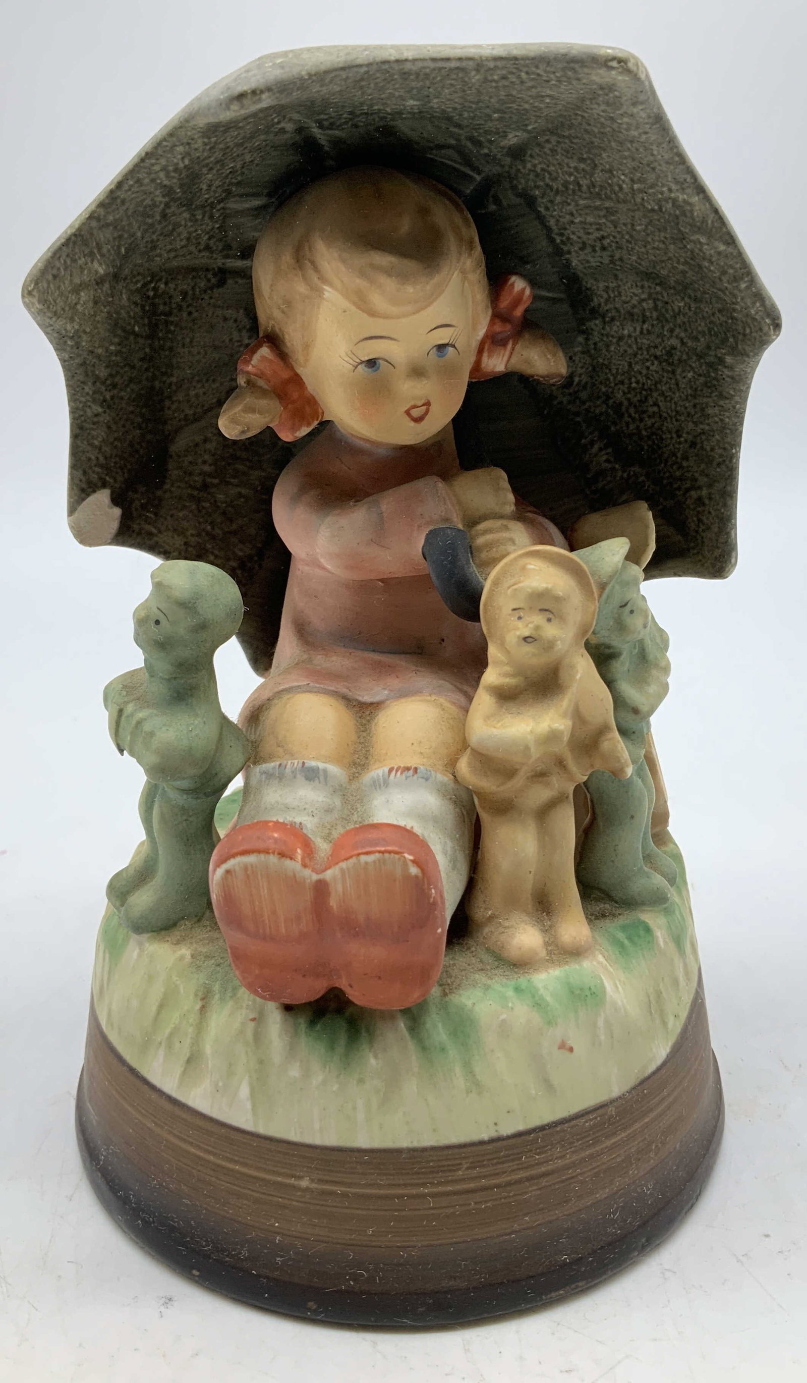 Vtg Girl Holding Umbrella Figurine JAPAN: Vintage figurine devoting a seated girl holding an umbrella. Standing figs on base. Round base. Ceramic material. Signed & marked on underside. Reads, JAPAN. Surface wear consistent to age, use & expo
