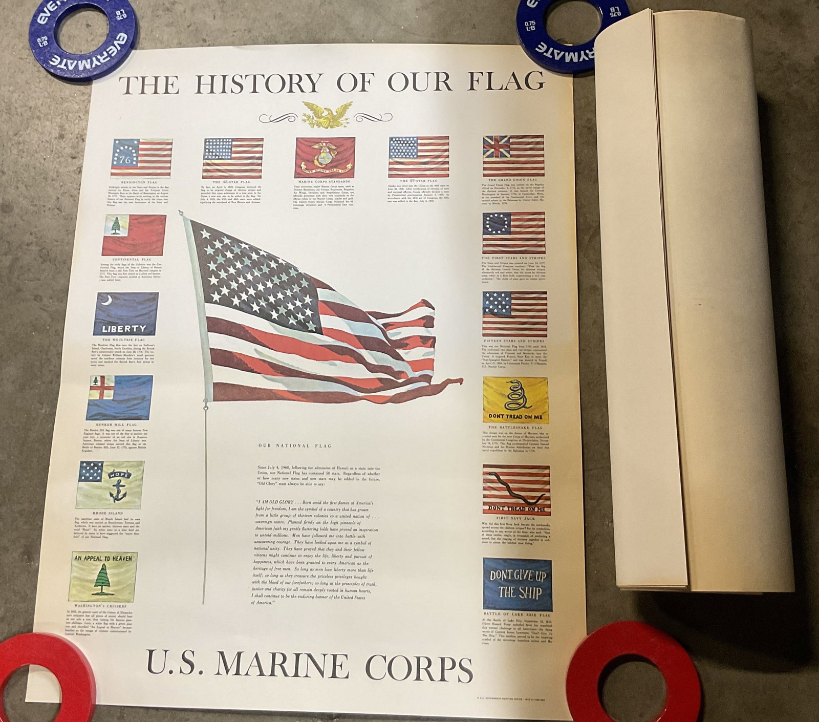 Set 8 1973 US Marine Corps Hist Of Our Flag Poster: Set of 8 US Marine Corps The History Of Our Flag posters. An overview of how our national flag has changed. Many inscriptions as photographed here. Some feature The Rattlesnake Flag, Rhode Island, Fif