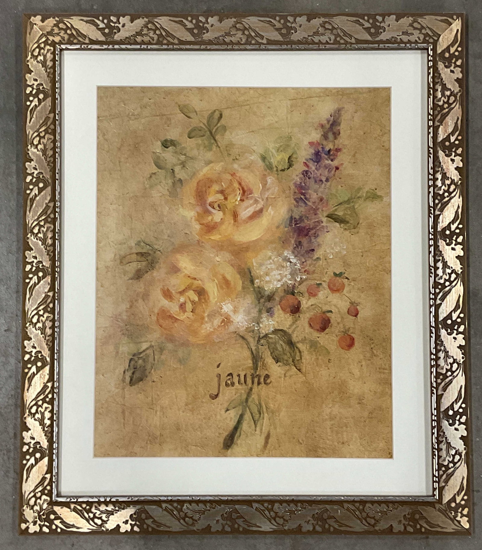 Framed Cheri Blum Jaune Flowers Litho 27in: Framed lithograph. Cheri Blum, Jaune. Flowers in yellow. Decorative wood frame. Not examined out of frame. Frame measures approx. 27.75 x 23.5 inches. Some wear consistent with exposure. Art, fine art