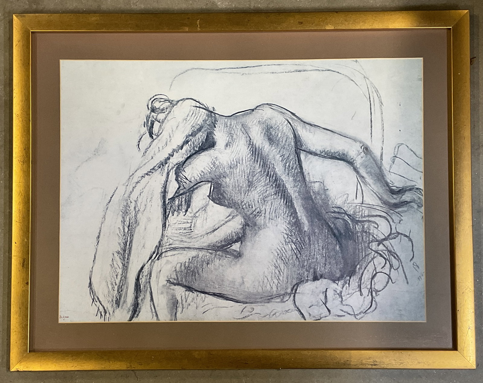 Framed After Degas La Toilette Lithograph: Framed lithograph. After Edgar Degas, La Toilette. Nude female figure from behind. Gilt wood frame. Not examined out of frame. Frame measures approx. 19.5 x 24.75 inches. Some wear consistent with exp