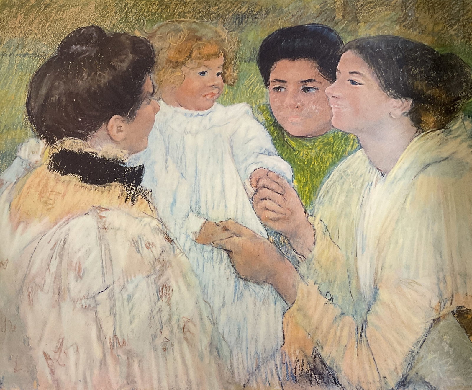 1969 Mary Cassatt Women Child Pastel On Paper 32in: Women Admiring A Child by Mary Cassatt. Pastel on paper. Copyright 1969 New York Graphic Society Ltd. Printed in USA. Women and child figures interacting in varying colors. Measures 26 x 32 inches. Ma