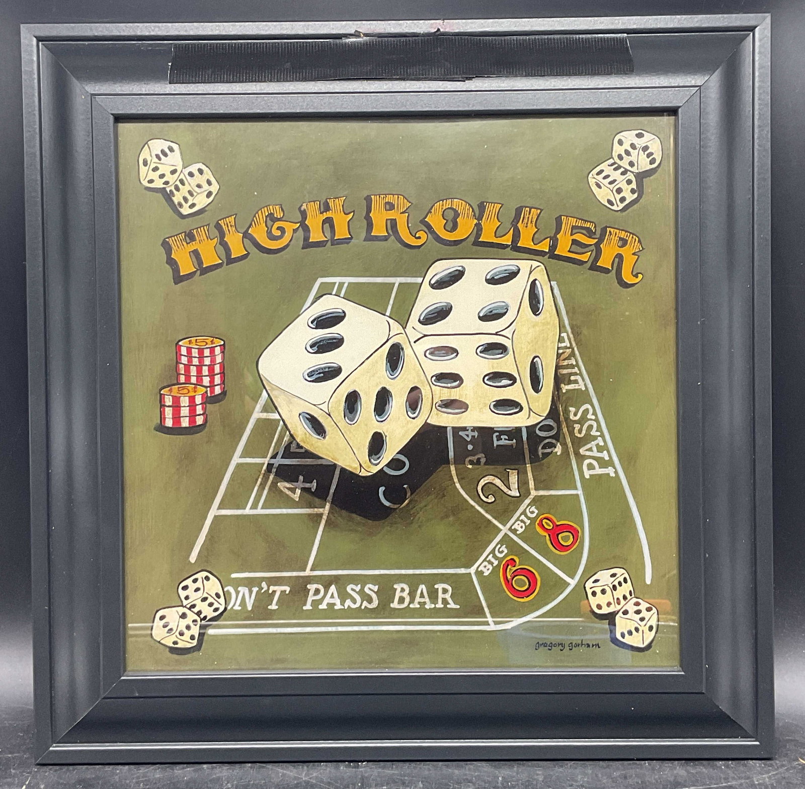Framed Gorham High Roller Gambling Litho: Framed lithograph. After Gregory Gorham. High roller. Dice and gambling motif. Black wood frame. Not examined out of frame. Frame measures approx. 15.5 x 15.5 inches. Some wear consistent with