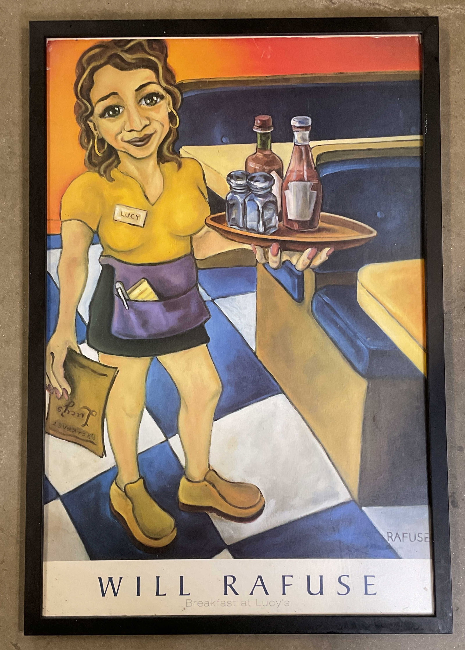 Framed Will Rafuse Breakfast Lucys Lithograph 28i: Framed lithograph. Will Rafuse, Breakfast At Luciys. Waitress holding condiments in diner setting. Black wood frame. Not examined out of frame. Frame measures approx. 28 x 19 inches. Some wear consist
