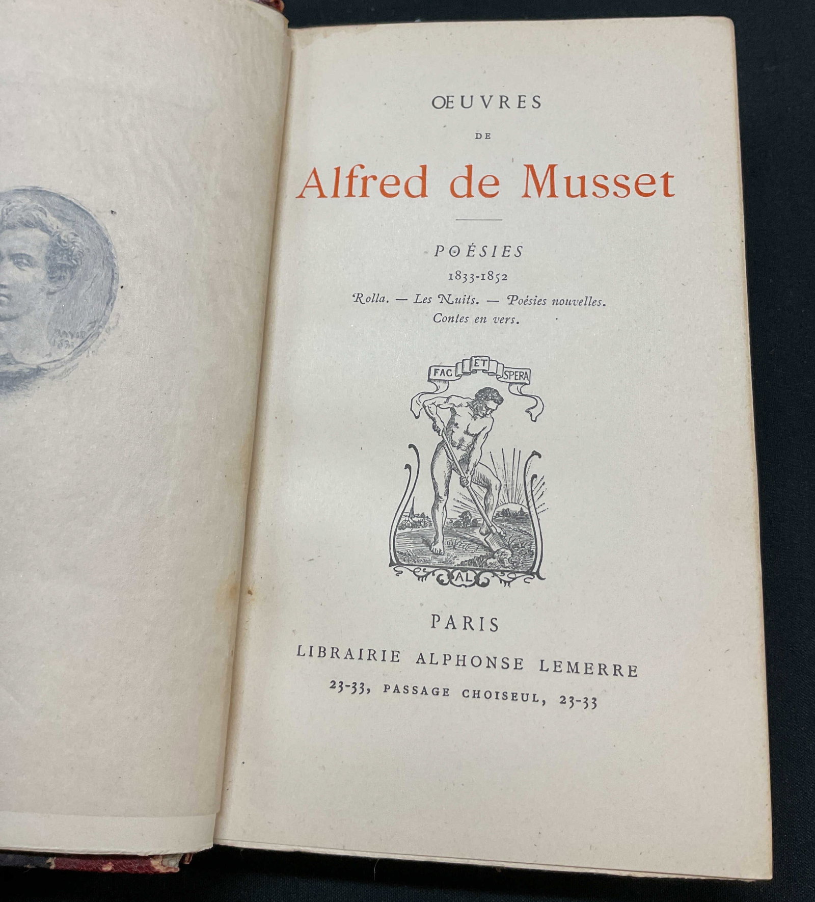 1900s Works By Alfred De Musset Poem Book+: Works By Alfred De Musset poem book. Published by Librairie Alphonse Lemerre, 1900s. Hard cover leather and gilt embossed book with marble design. Text reads in French. Measures approx 4 x 6.5 inches.