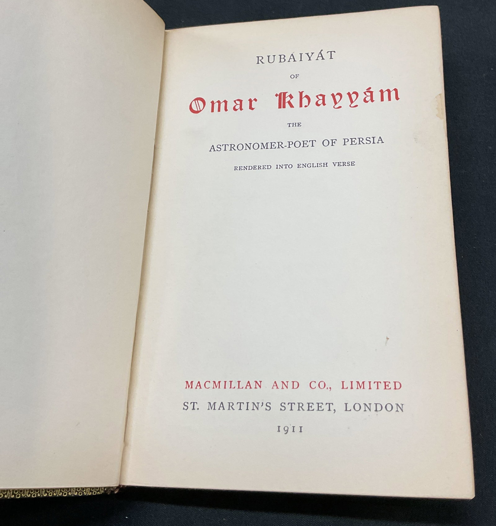 1911 Rubaiyat Of Omar Khayyam Book+: Rubaiyat Of Omar Khayyam. The Astronomer Poet Of Persia. Published by Macmillan and Co, 1911. Hard cover book. Measures approx 4 x 6 inches. Wear consistent with exposure. Book, hard cover books, vint