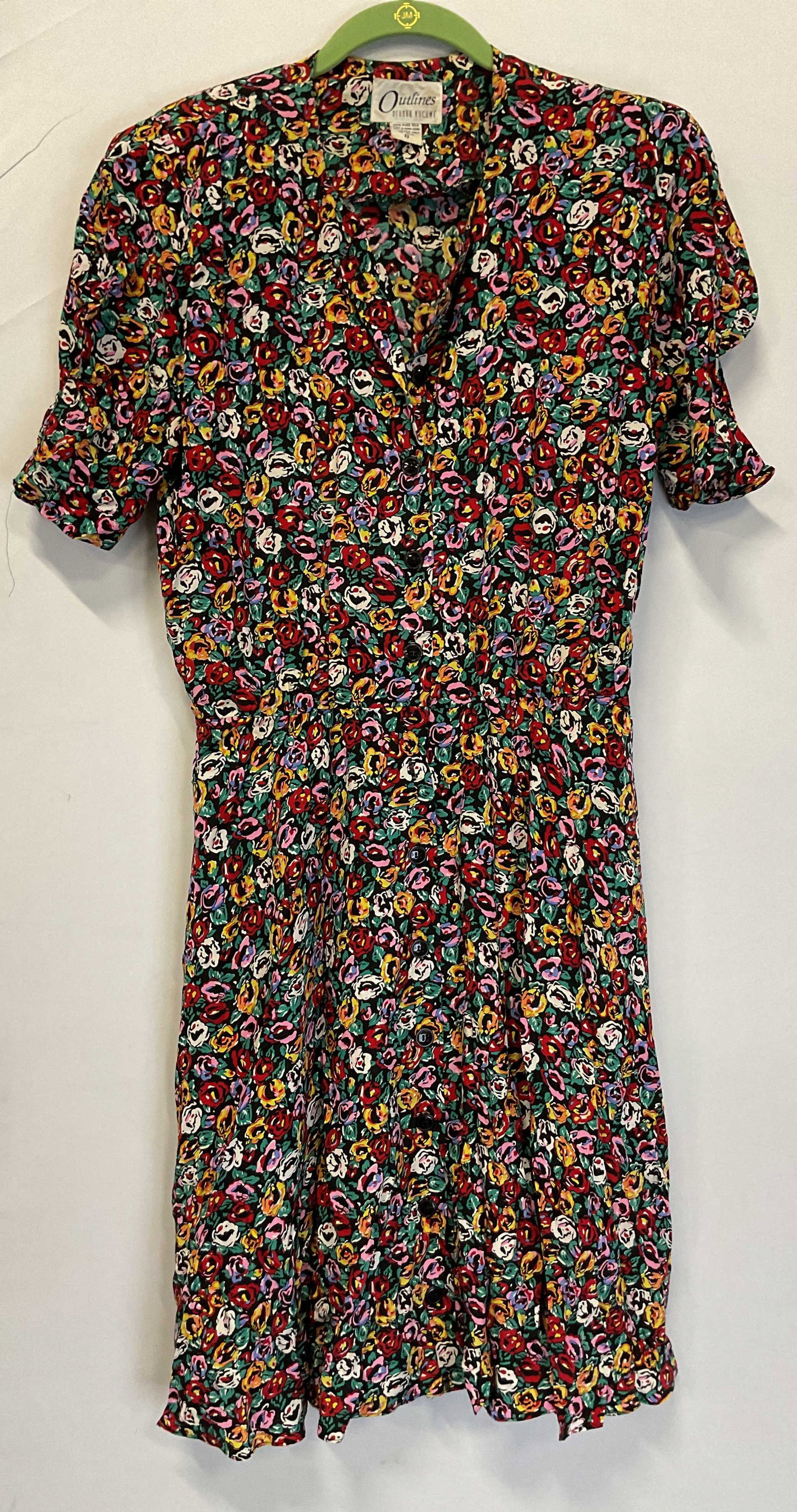 Outlines Debora Kuchme Floral Dress Hong Kong: Outlines Debora Kuchme floral dress. Made in Hong Kong. 100% pure silk. Size 8. Padded shoulders. Black buttons. Floral pattern in varying colors. Wear consistent with exposure. Dress, Outlines Debora