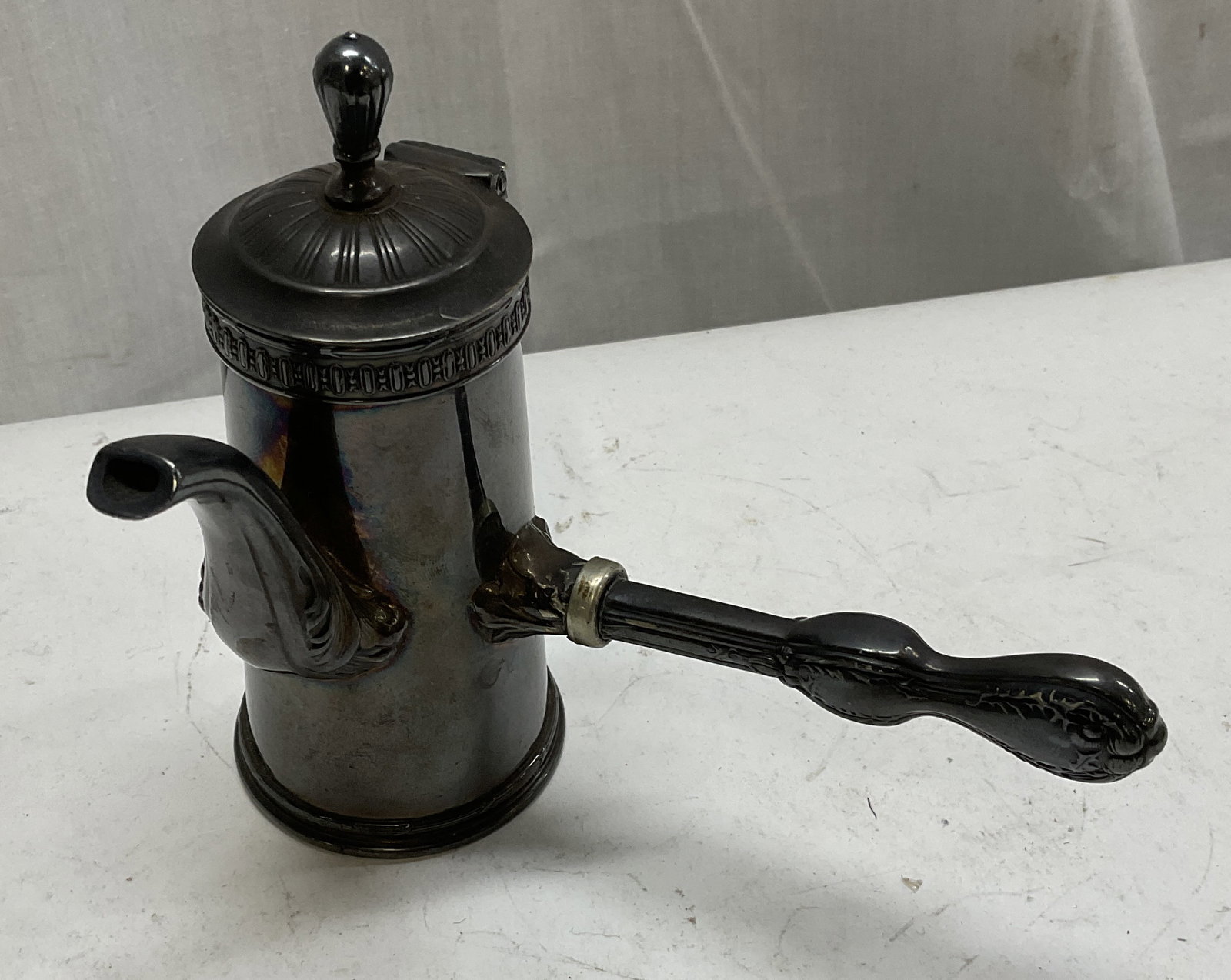 Hotel Margaret L.Barth&Son Slvr-Pltd Chocolate Pot: Vintage Hotel Margaret L.Barth & Son Silver-Plated Chocolate Pot with Handle. Nickel Silver Silver Soldered. Surface Wear such as Tarnishing and Scratching Present. Measures app 5in H x 5.5in W. Vinta