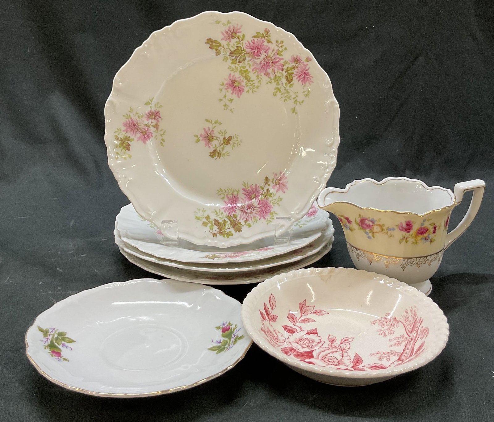 Lot 7 Assorted Floral Porcelain Tableware France+: Lot of 7 assorted floral porcelain tableware pieces. Four Biarritz Limoges porcelain plates, marked on underside, made in France. Windsorware Johnson Bros trinket dish, marked on underside, made in En