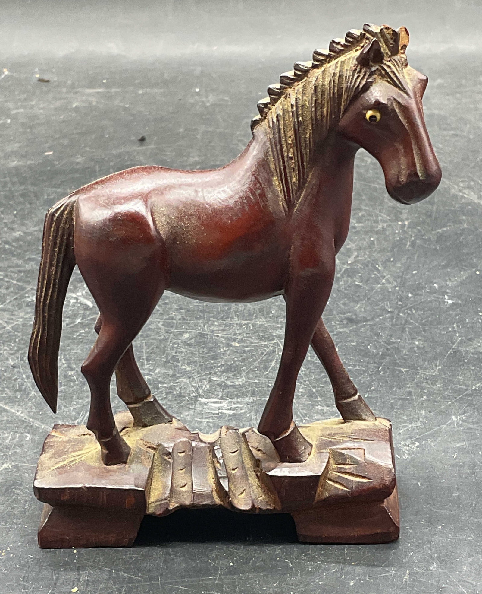 Hand Carved Wood Horse Figurine: Hand carved wood horse figurine. Measures approx. 3.5 x 1.25 x 4.75 inches. Some scratching and chipping. Horse figurine, wood horse, carved wood figurine, home decor, home accessories, table decor, t