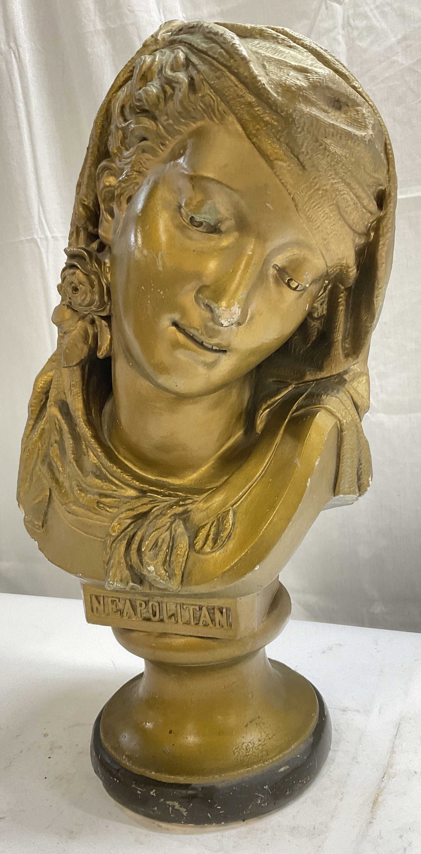 SGND J.Schwartz Neapolitan Chalkware 20in Bust: Vintage Signed J. Schwartz & Co Neapolitan Painted Gilt Chalkware Bust Statue. Depicts a Woman with a Headscarf Tilting her Head to the Side and Looking Down. Has Significant Weight. Some Chips, Scrat
