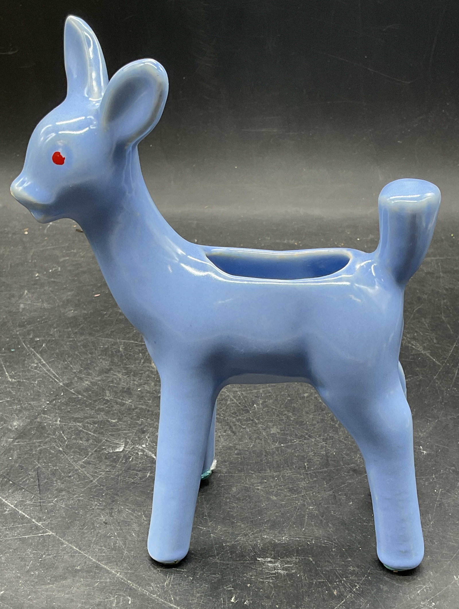 Vintage Blue Ceramic Deer Planter: Vintage blue ceramic deer motif planter. Measures approx. 5.25 x 2.25 x 7.25 inches. Previous repaired. Vintage planter, animal planter, home decor, home accessories, table decor, table accessories, 1