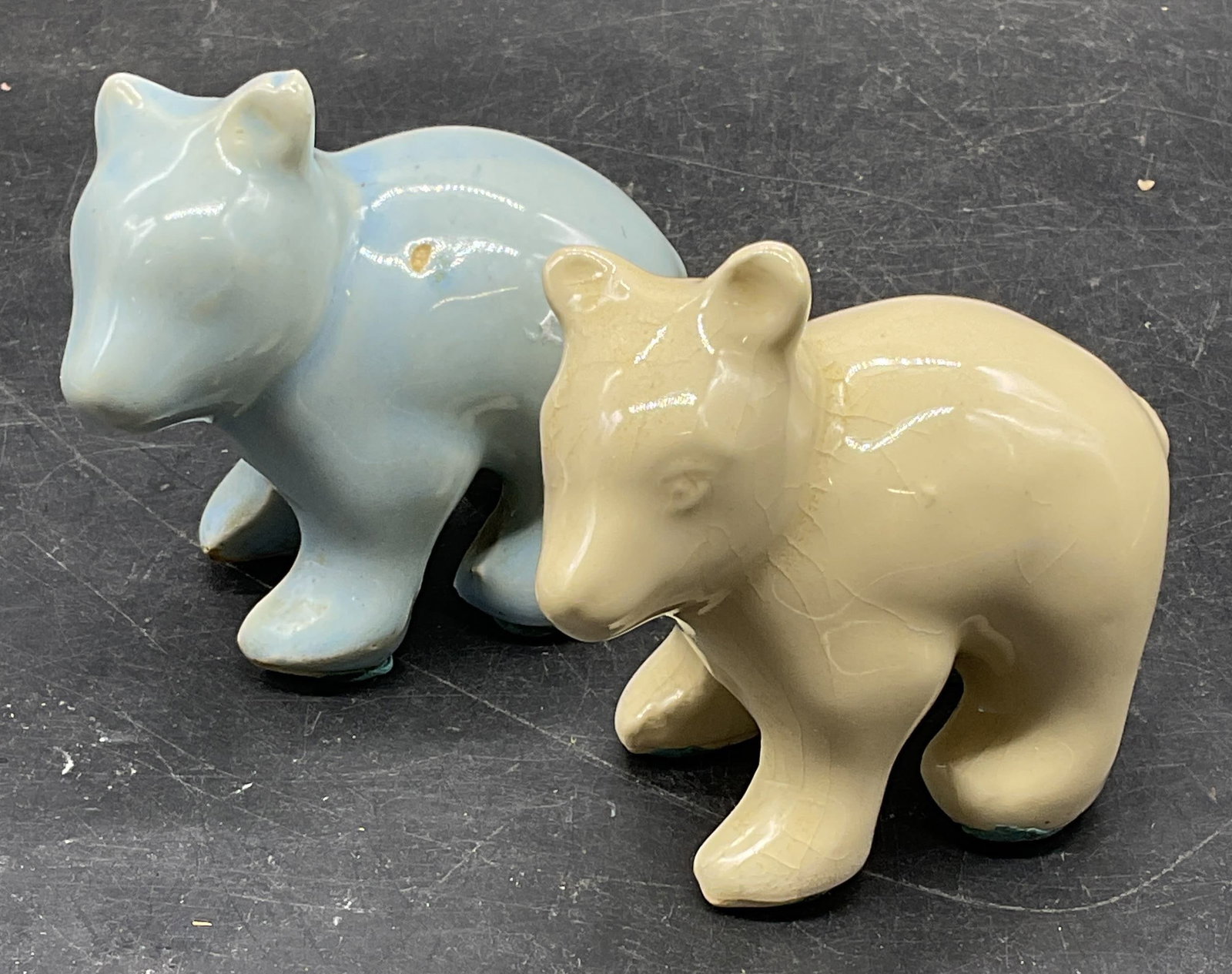 Pair Vintage Ceramic Bear Figurines: Pair of vintage ceramic bear figurines in yellow and blue. Measures approx. 3.5 x 2 x 3 inches. Wear including crazing and small chips. Bear figurines, ceramic bear, home decor, home accessories, tabl