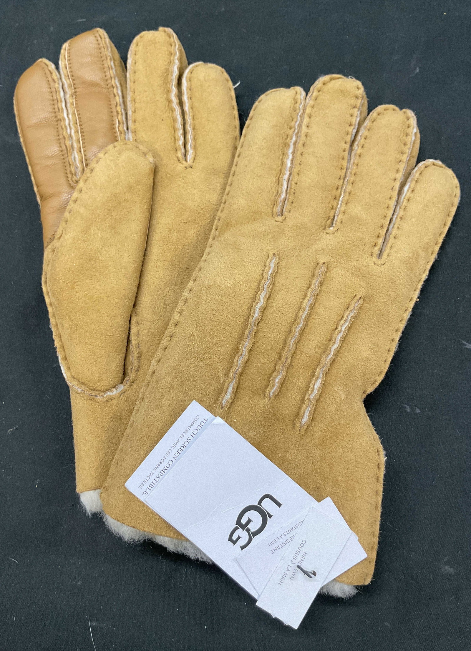 UGG Leather & Sheepskin Gloves Philippines NWT: UGG brown leather and sheepskin gloves. New with tag. Made in Philippines. Size L. Leather and Shearling Sheepskin. Brown with stitching. Never worn. Gloves, UGG, accessories, fashion, wearables,