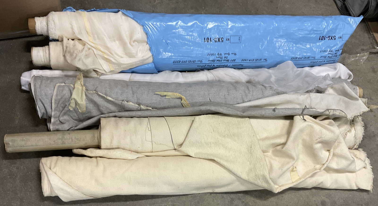 Lt 6 Solid Bolts of Fabric: Lt 6 Solid Bolts of Fabric. Mixed Materials. Wool, Linen, Silk and More. Cream, Grey, and White. Not Measured, Unrolled, or Inspected. Sold As Is. Part of Large Collection of NYC Interior Designers Es