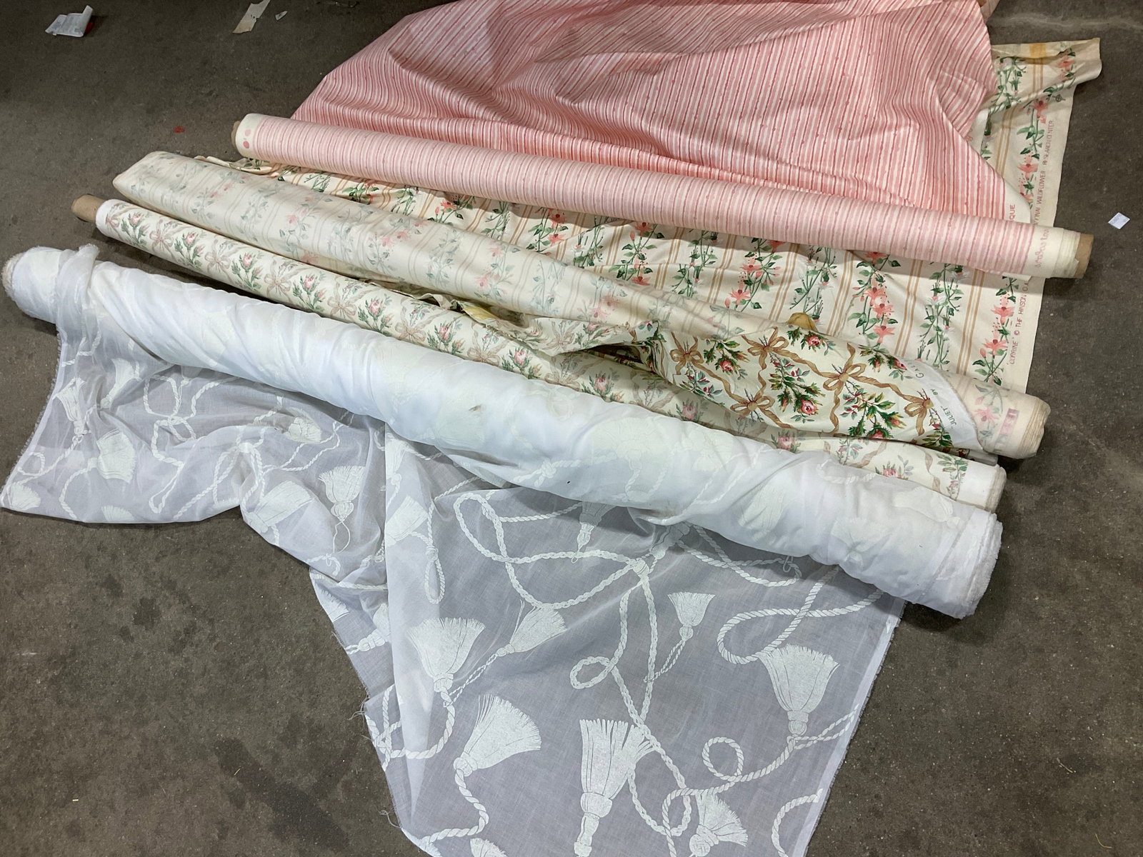 Lt 4 70s-90s Designer+ Bolts of Fabric: Lt 4 Vintage 1970s and 1990s Designer+ Bolts of Fabric. Mixed Materials. Linen, Silk and More. White Sheer Tassel Pattern, 1991 Floral Juliet Pattern by Galliards, Floral Corrine Pattern by the Hinson