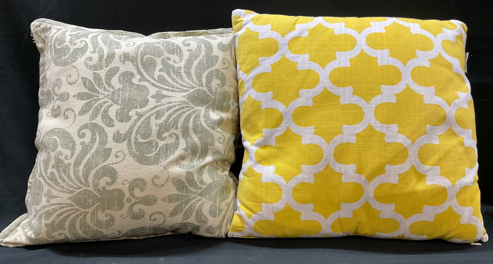 Lot 2 Accent Home+ Throw Pillows India: Lot of 2 throw pillows. Accent Home yellow and white geometric throw pillow, cotton, made in India. Vintage green scroll motif throw pillow, cotton. Measures approx 19 x 19 inches. Surface wear consis