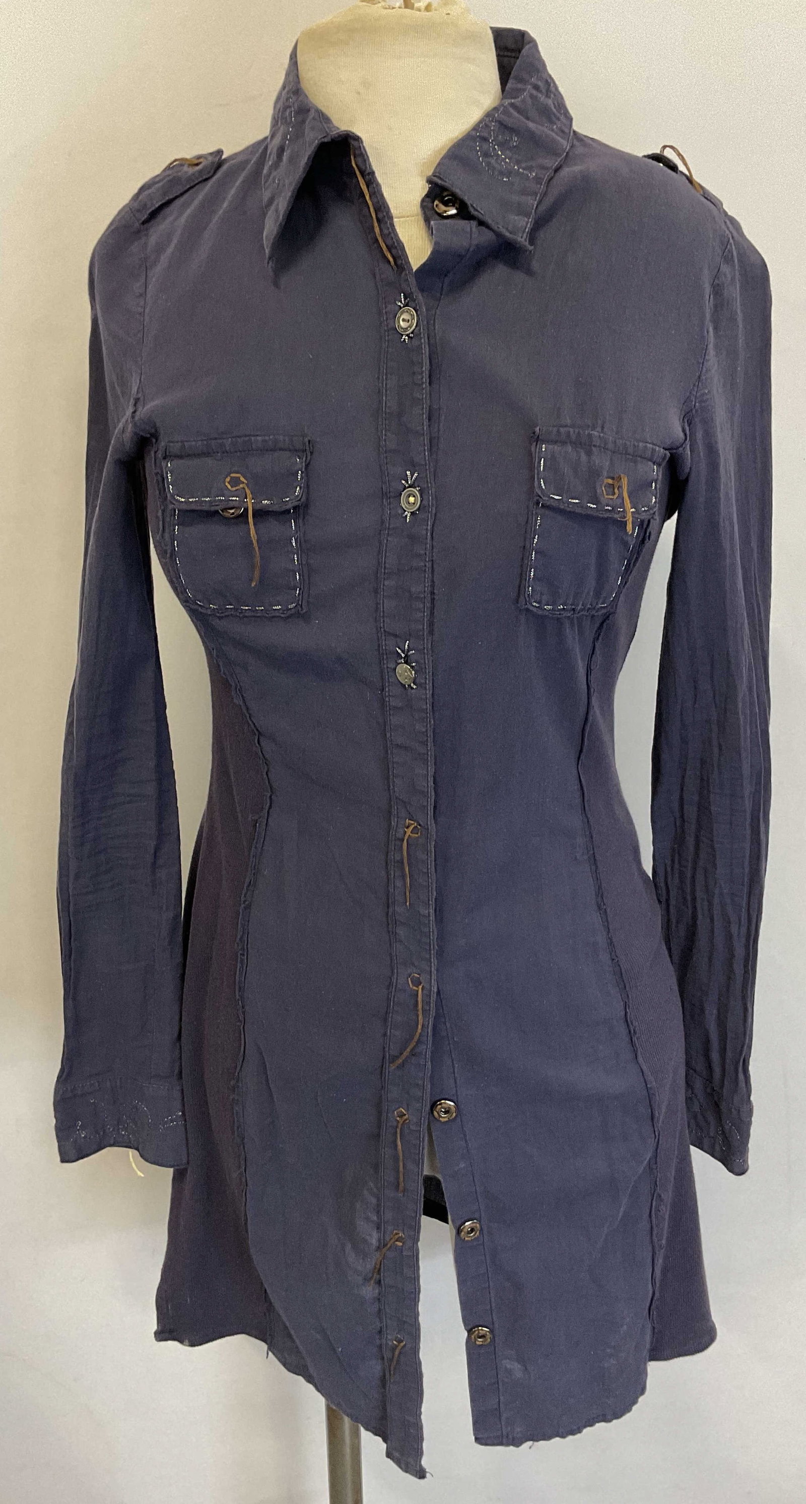 Miss Me Unplugged Navy Blue Blouse: Miss Me Unplugged navy blue blouse. Cotton material. Size S. Long sleeve and collared. Pockets and buttons. Scroll pattern on backside with embroidered accents. Embellished with beads. Wear