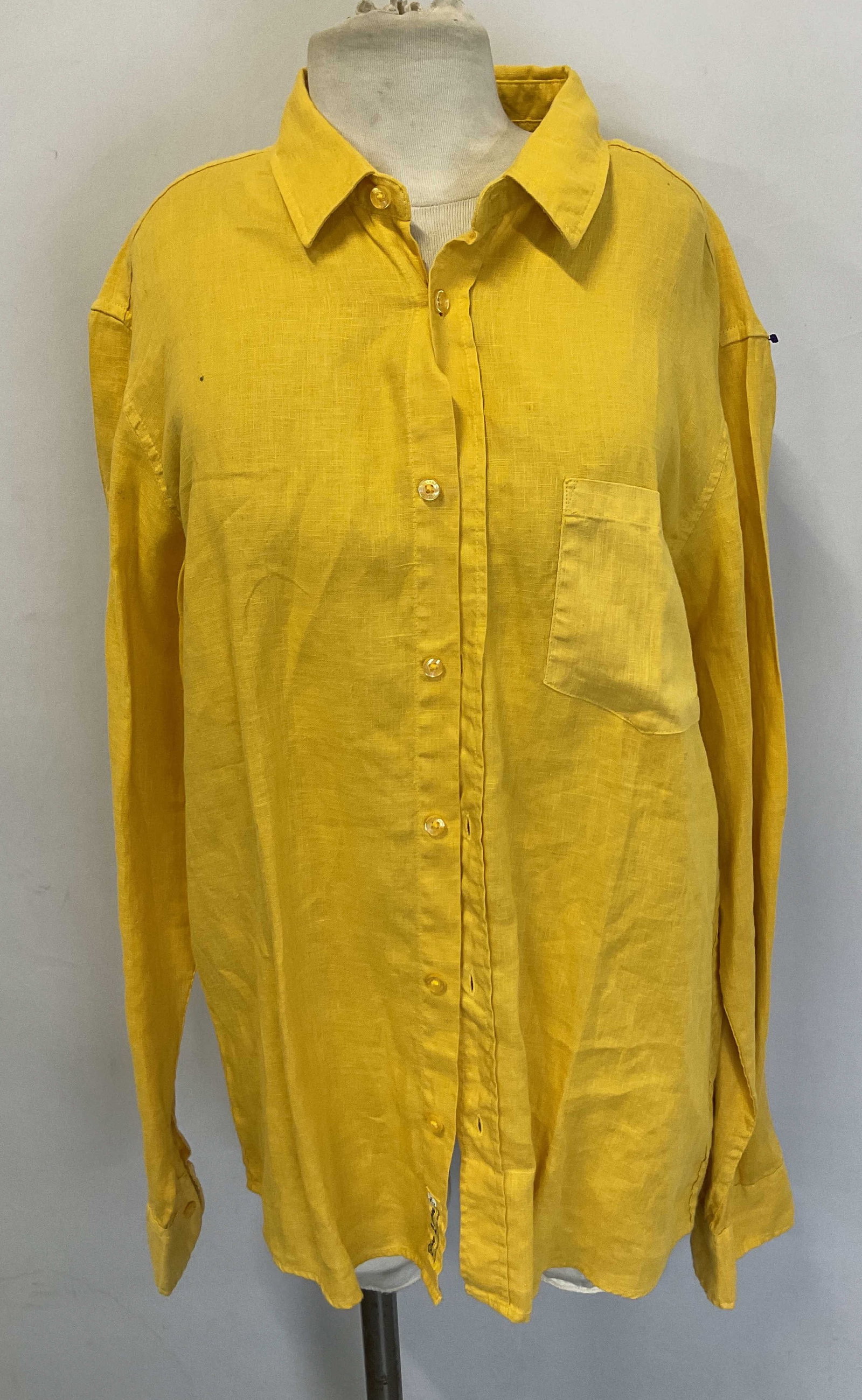 Blue Lemon Yellow Linen Button Down: Blue Lemon yellow linen button down. Size L. 100% linen. Collared and buttoned. Front pocket. Wear consistent with exposure. Button down, top, Blue Lemon, wearables, clothing, outerwear, fashion. 4H