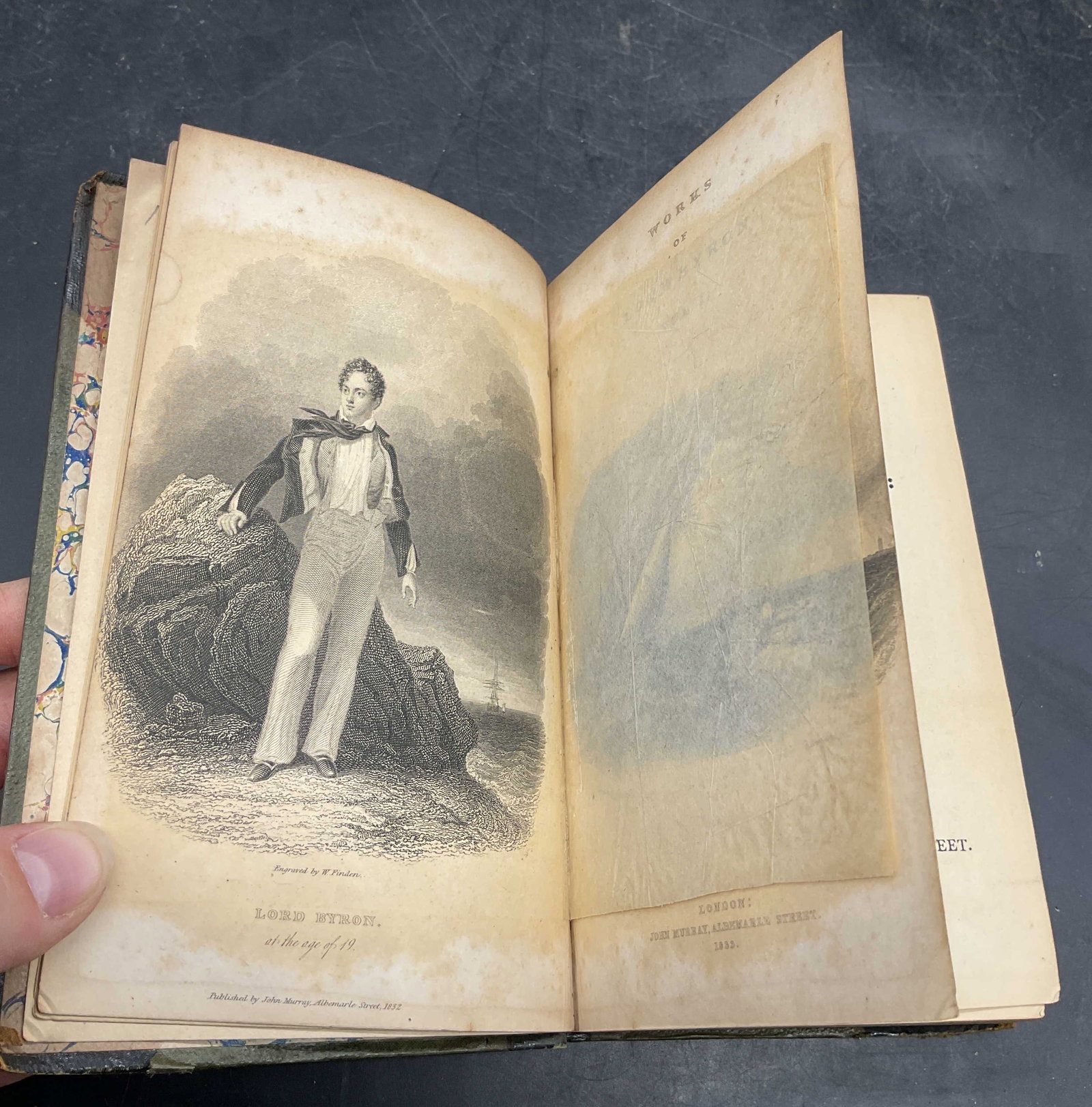 1835 Works of Lord Byron, Vol 1 Illustr: Antique hardcover copy of Works of Lord Byron, volume 1 by Thomas Moore Esq. John Murray, 1835. Two engraved prints on frontispiece. Measures approx. 6.75 x 4.25 inches. Some wear to cover, pages,