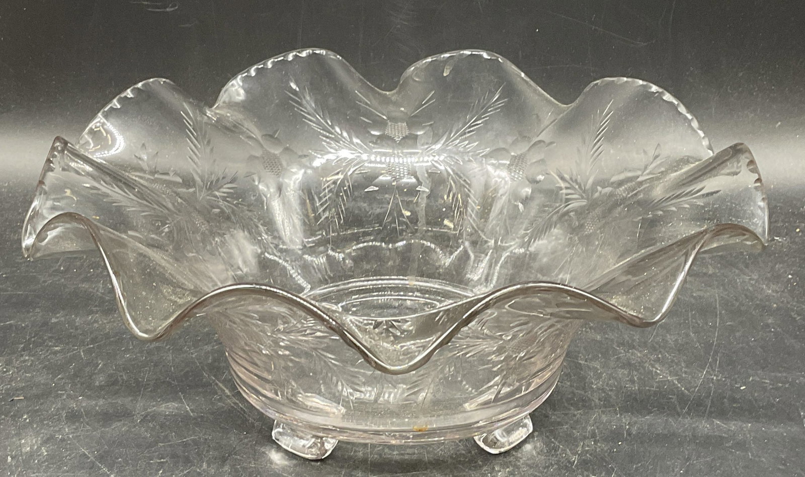 Floral Cut Glass Ruffled Footed Bowl (1 of 6)