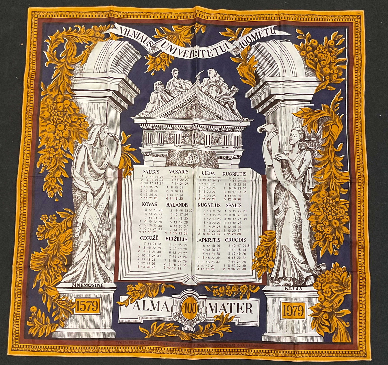 Vintage Lithuania University Souvenir Scarf: Vintage souvenir scarf commemorating the 400th anniversary of University of Lithuania. Synthetic material. Measures approx. 31 x 31 inches. Some blemishes and small holes. Vintage scarf, Lithuania sca