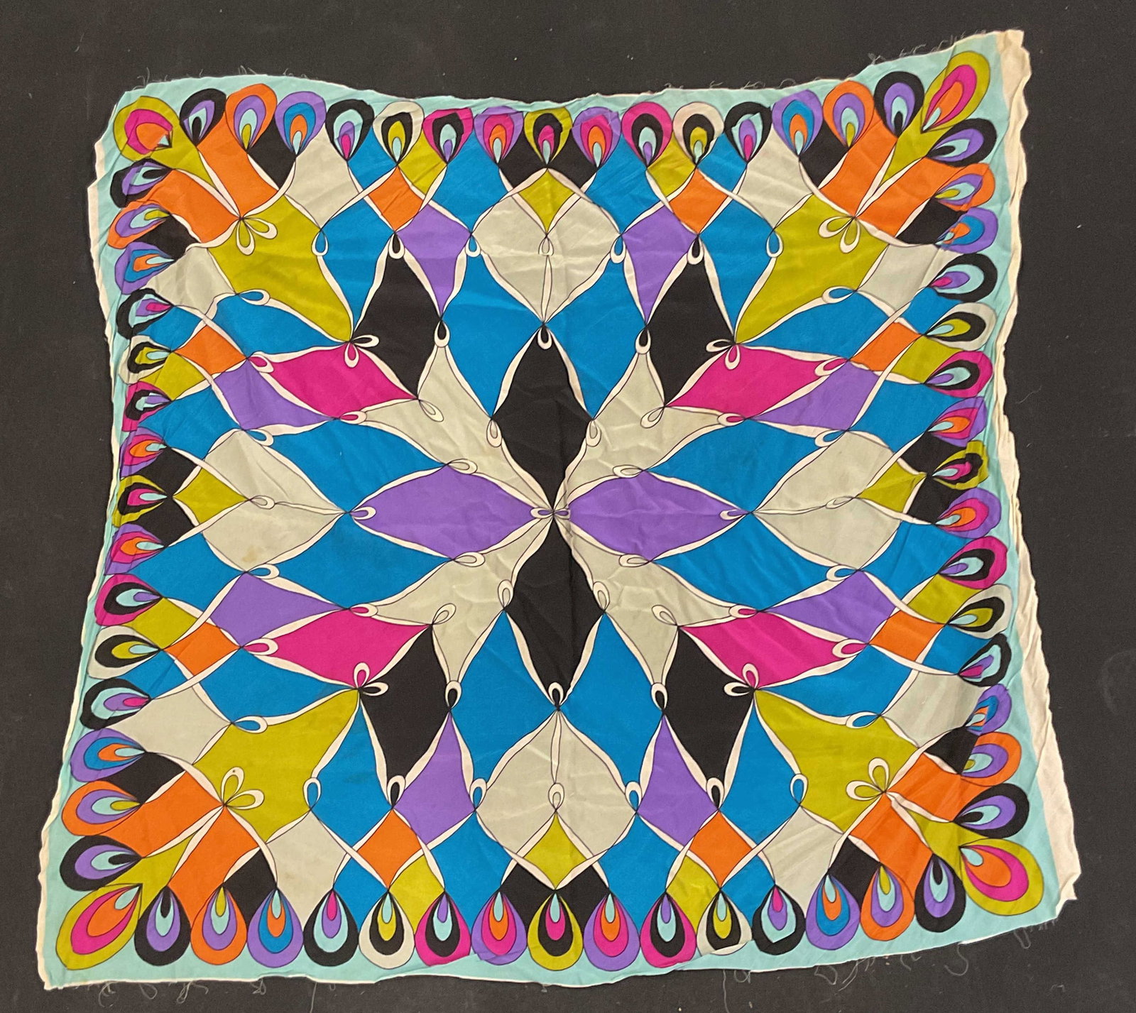 Vintage Colorful Geometric Print Silk Scarf: Vintage colorful geometric print silk scarf. Measures approx. 35 x 34 inches. Edges have been cut. Some blemishes. Vintage scarf, silk scarf, geometric scarf, colorful scarf, accessories, fashion