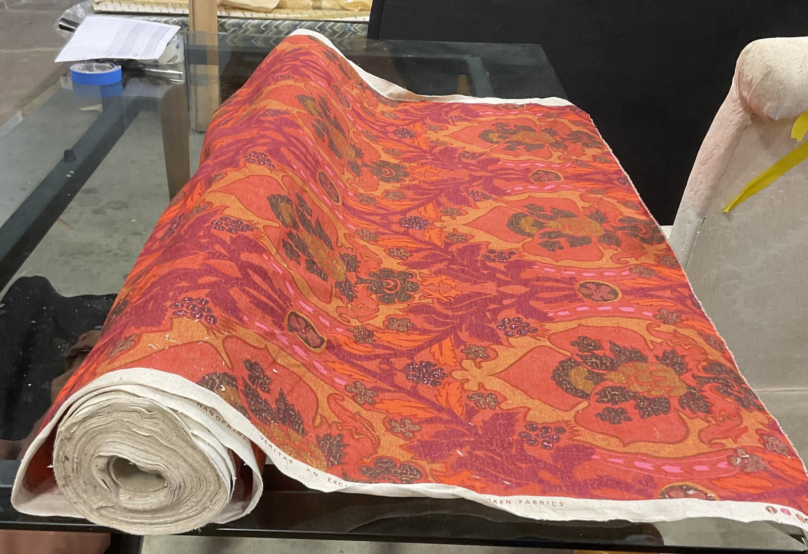 Exclusive Handprint Veritas for Oken Fabrics: Exclusive Handprint Veritas for Oken Fabrics. Red, Yellow, Orange and Brown Floral Patterned Linen. Not Measured, Unrolled, or Inspected. Sold As Is. Part of Large Collection of NYC Interior Designers