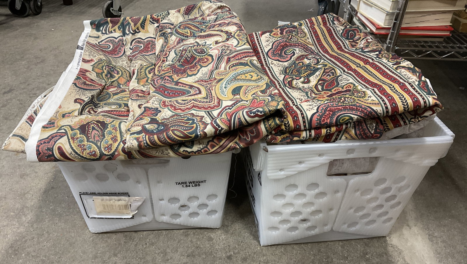 2 Bins Western Textile Screenprinted Fabric: 2 Bins Western Textile Screenprinted Fabric. Yardage is Large and Some Small. Patterns Produced by Western Textile. Feels like Cotton Linen. 2 Coordinating Patterns. One Has Stripes. Large Florals. In