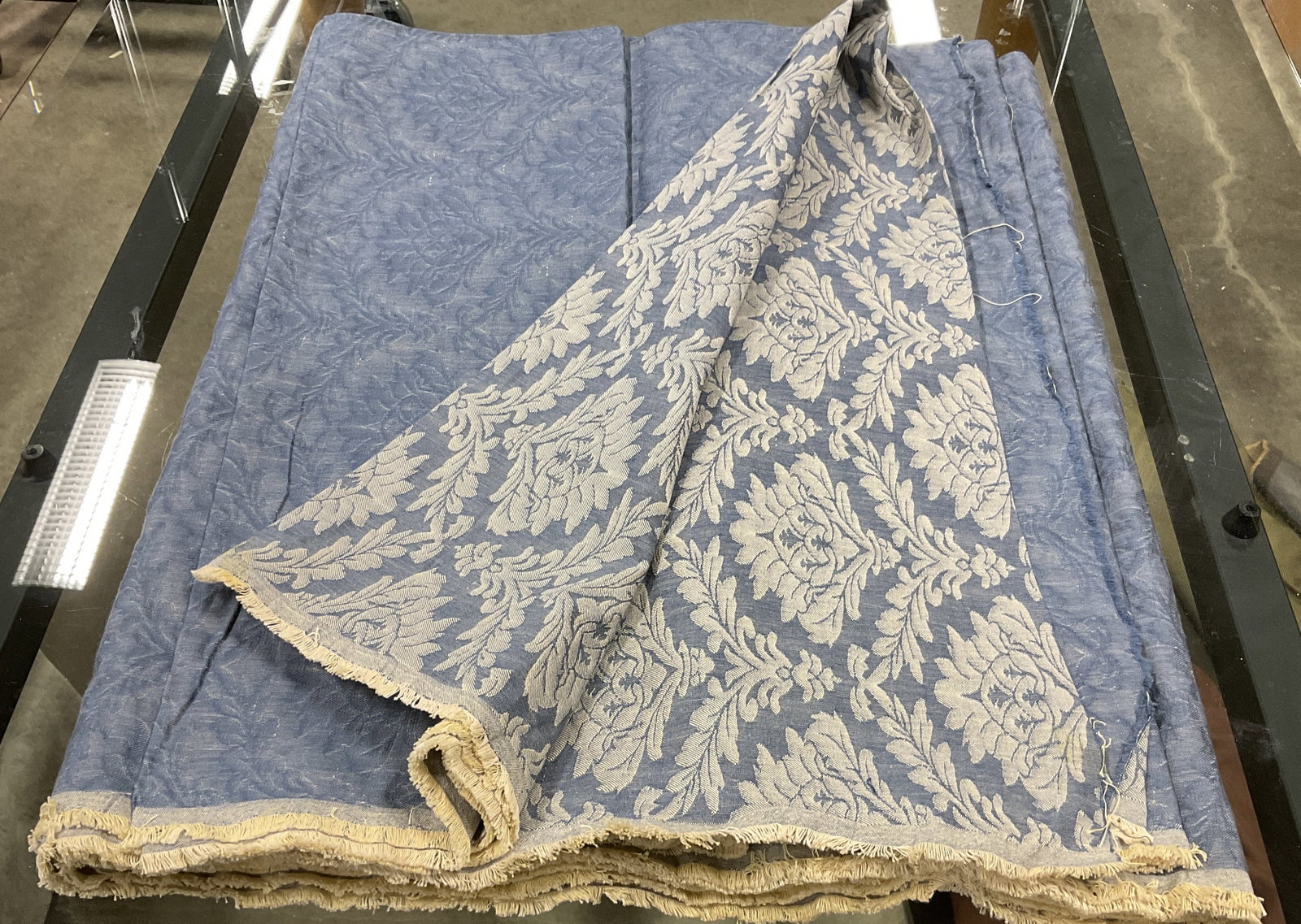 Blue Cotton and White Florals Fabric Scrap: Piece of Blue Cotton and White Florals Fabric Scrap. Yellow Fringe. Sold As Is. Part of Large Collection of NYC Interior Designers Estate. Designer Fabric, Interior Design, Fabric, Fashion, Design, Cr