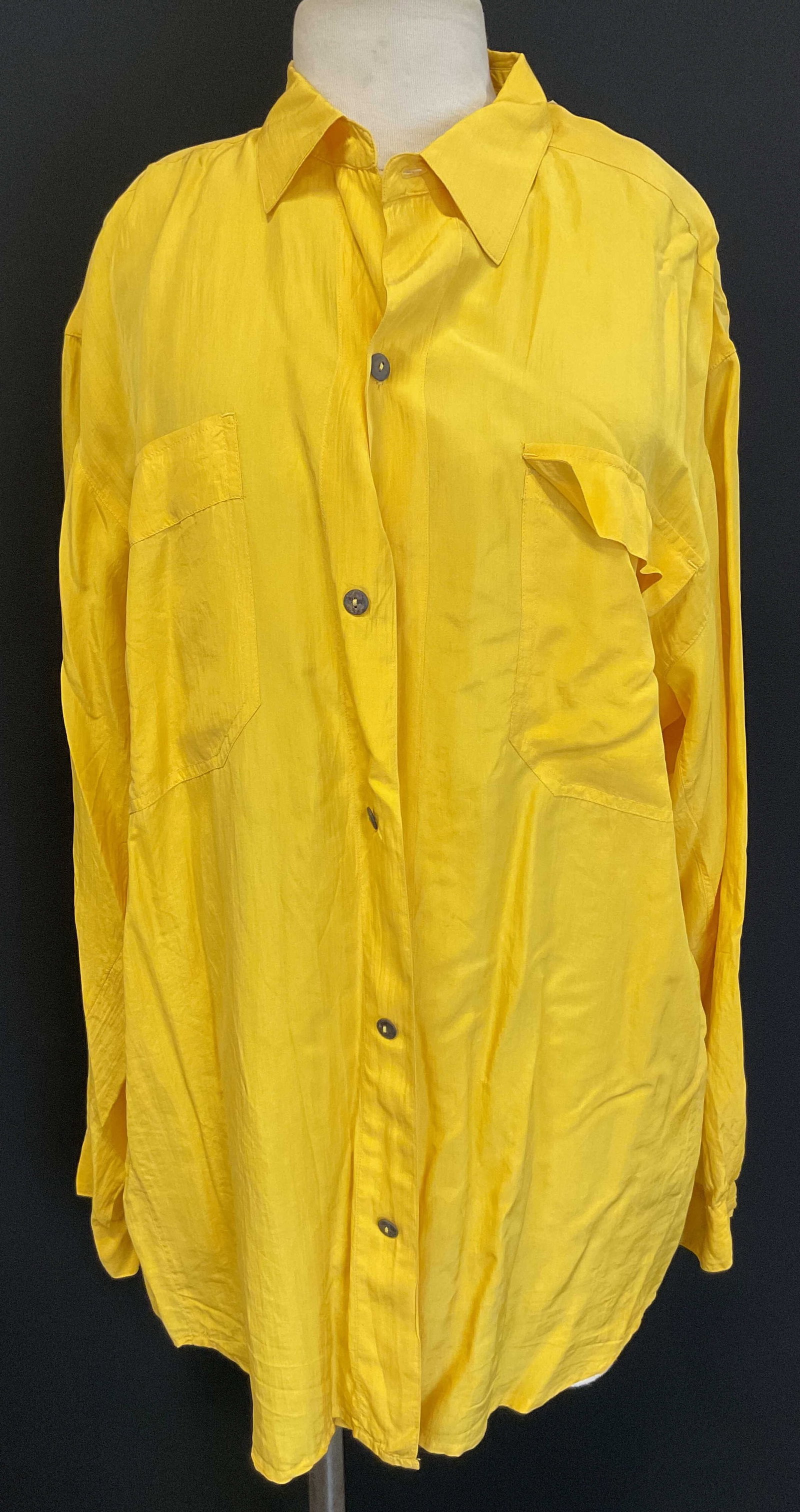 Axis Yellow Silk Long Sleeve Button Down: Axis yellow silk long sleeve button down. Size M. Silk material. Collared and buttoned. Front pocket. Wear consistent with exposure. Axis, button down, top, wearables, clothing, outerwear, fashion. 4H