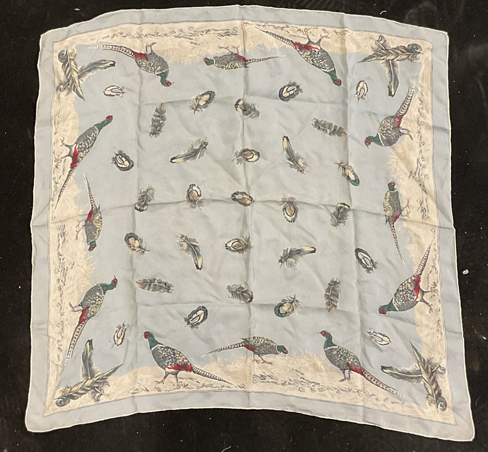 Vintage Blue Silk Pheasant Print Scarf: Vintage blue pheasant print silk scarf. Measures approx. 24 x 24 inches. Some blemishes. Silk scarf, blue scarf, bird scarf, accessories, fashion accessories, wearables, 10 sb