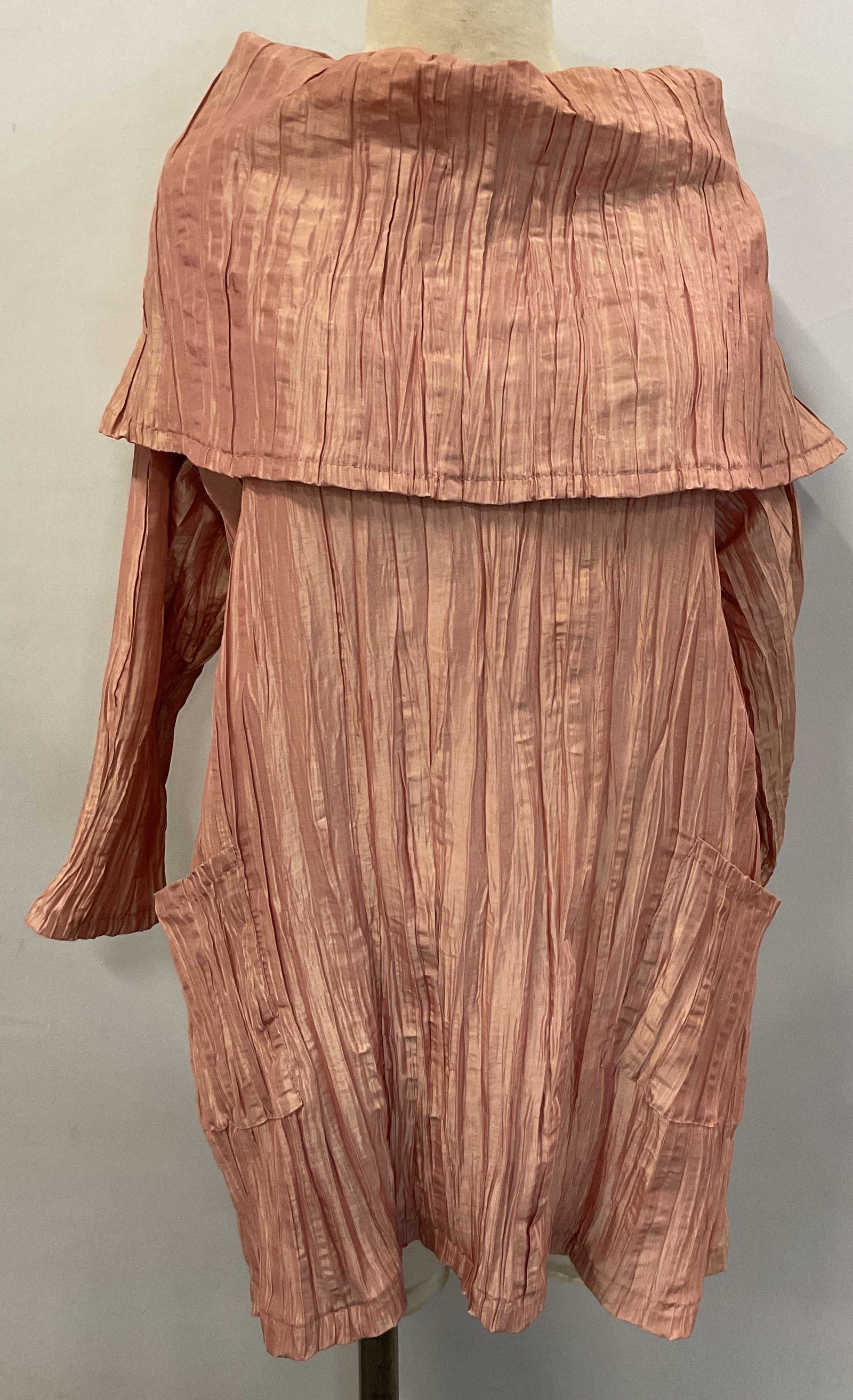 Megan Brogden Pink Ruffled Blouse: Megan Brogden pink ruffled blouse. Size M. Silk style. Ruffled trim. Long sleeve and pockets. Some blemishes. Blouse, top, shirt, Megan Brogden, wearables, clothing, outerwear, fashion. 4H