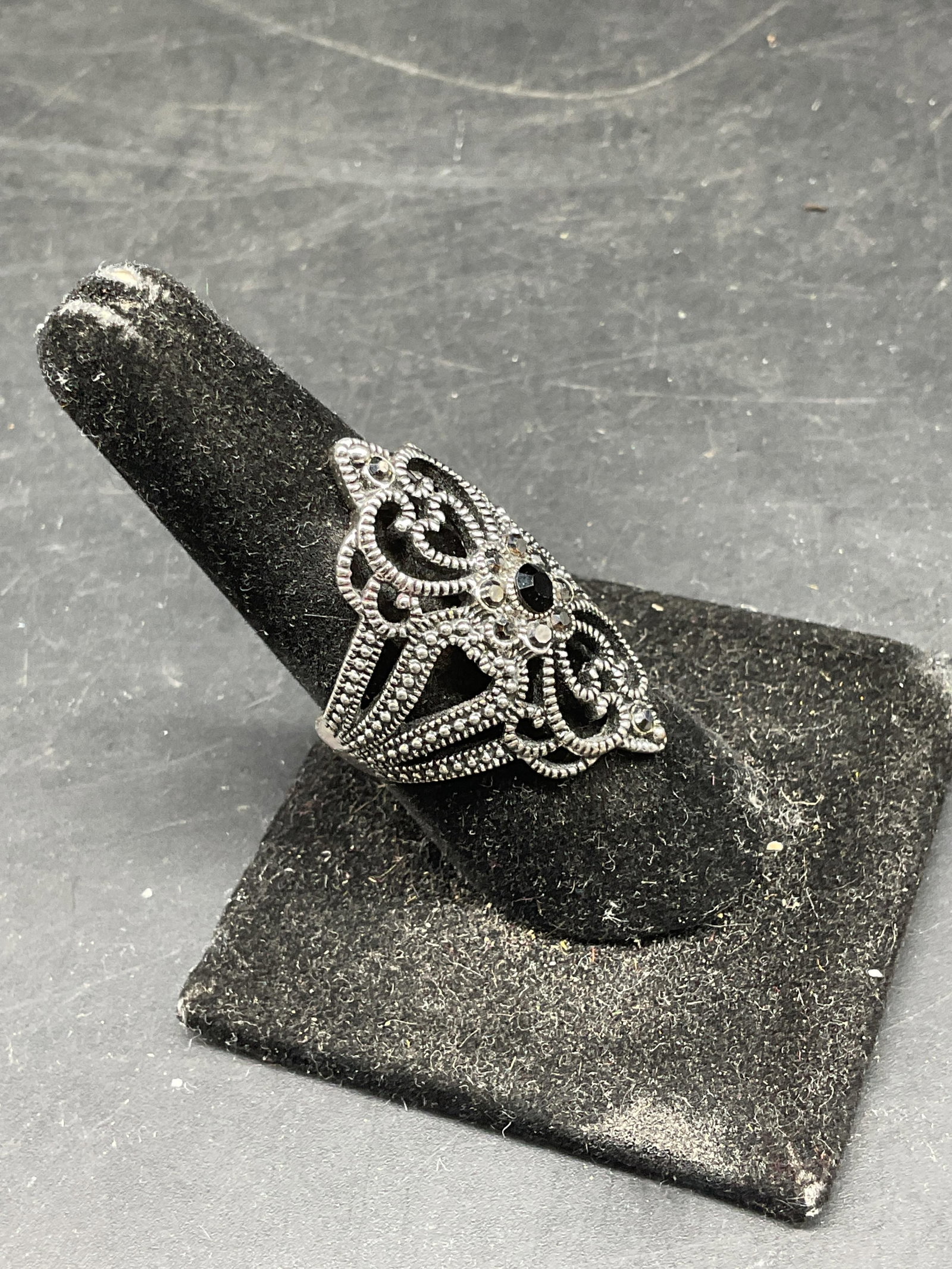 Silver Tone Crystal Scroll Cocktail Ring - 2