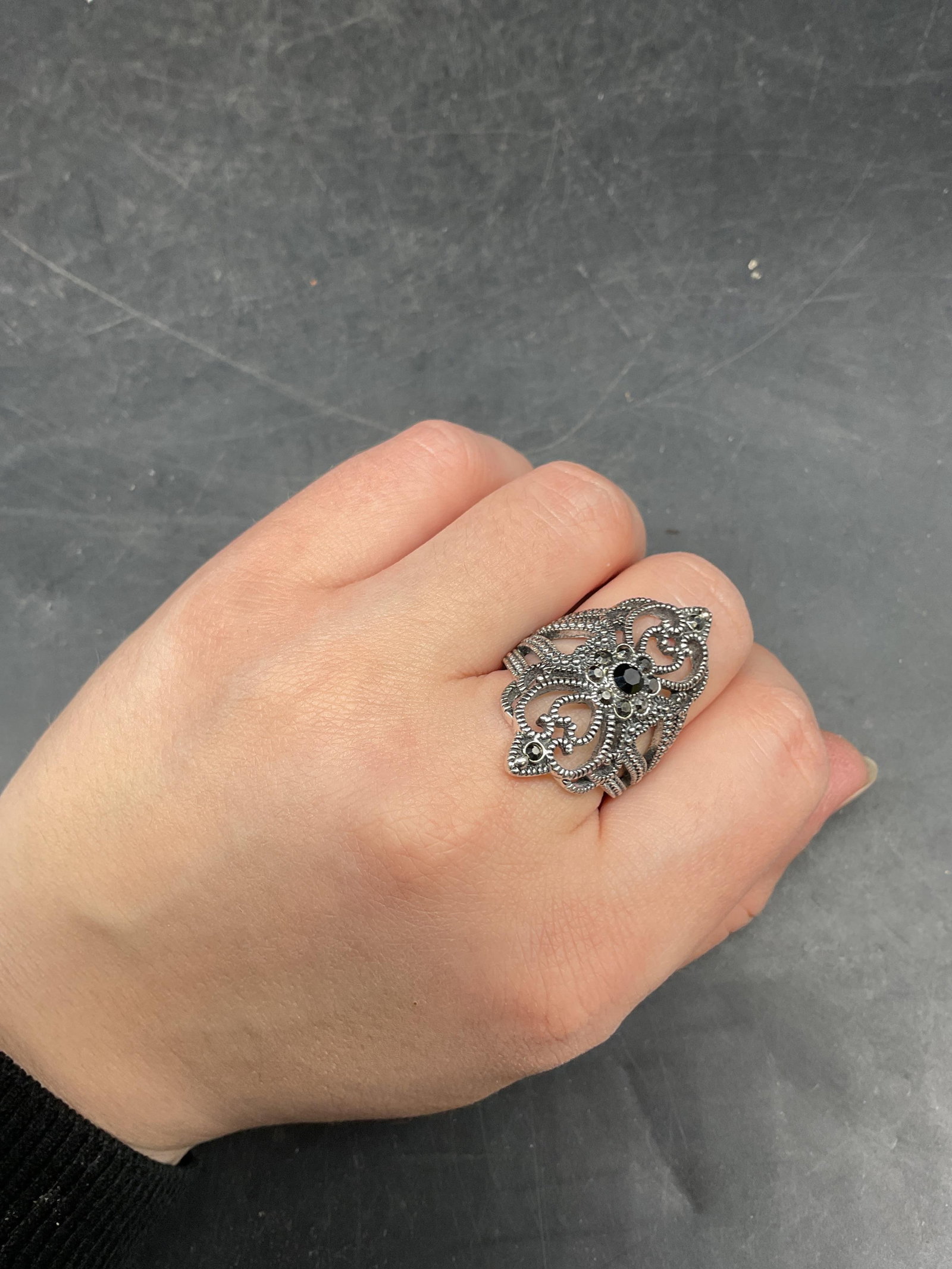 Silver Tone Crystal Scroll Cocktail Ring - 6