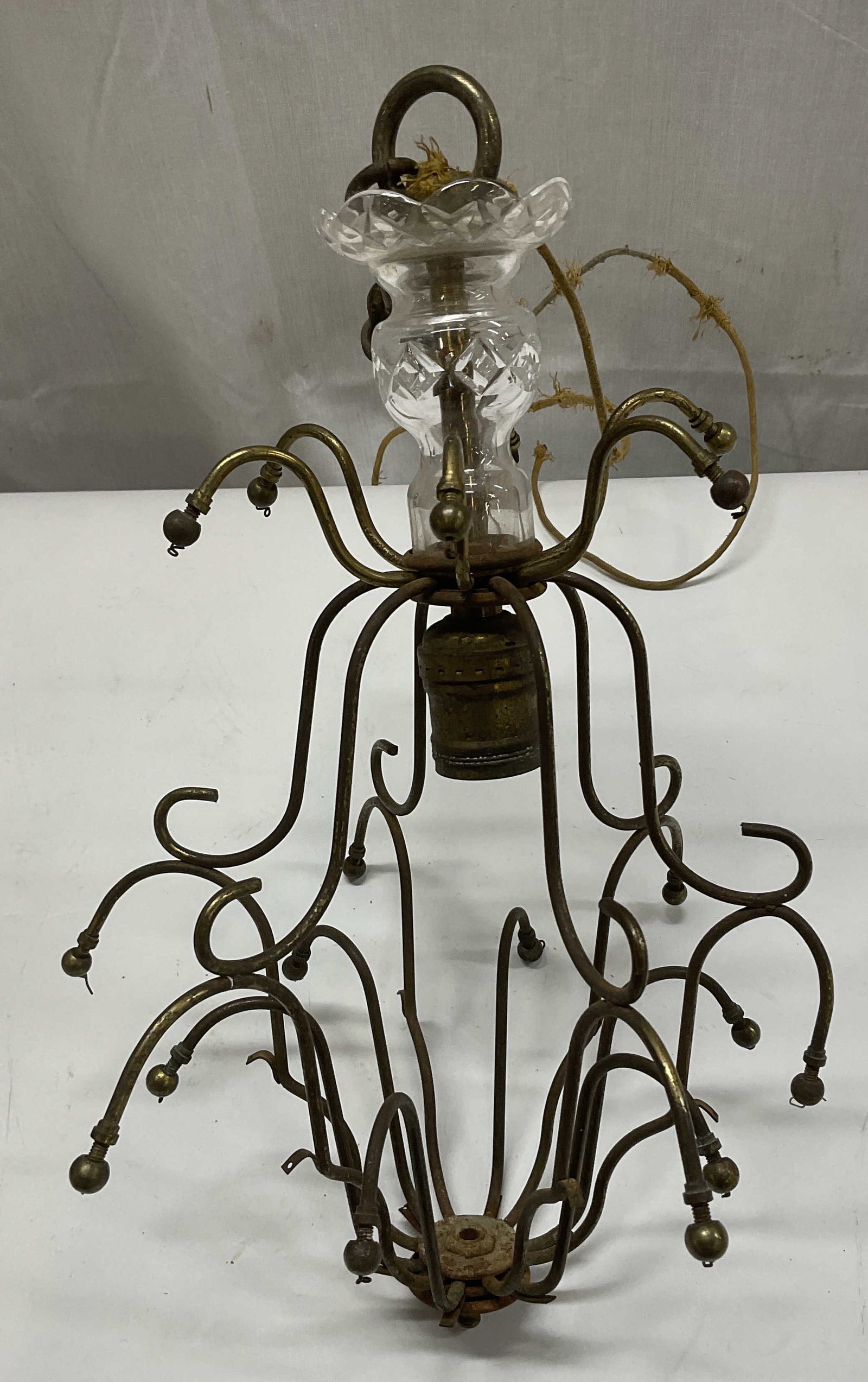 VTG Brass Tnd & Glass Curved Arm Chandelier (1 of 6)