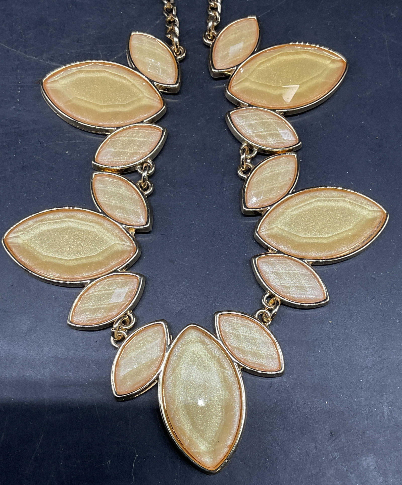 Signed C Gold Tone Crystal Necklace: Signed C gold tone chunky crystal necklace. Drop length measures approx. 9 inches. Some scratching. Jewelry, estate jewelry, costume jewelry, cocktail jewelry, fashion jewelry, accessories, fashion ac