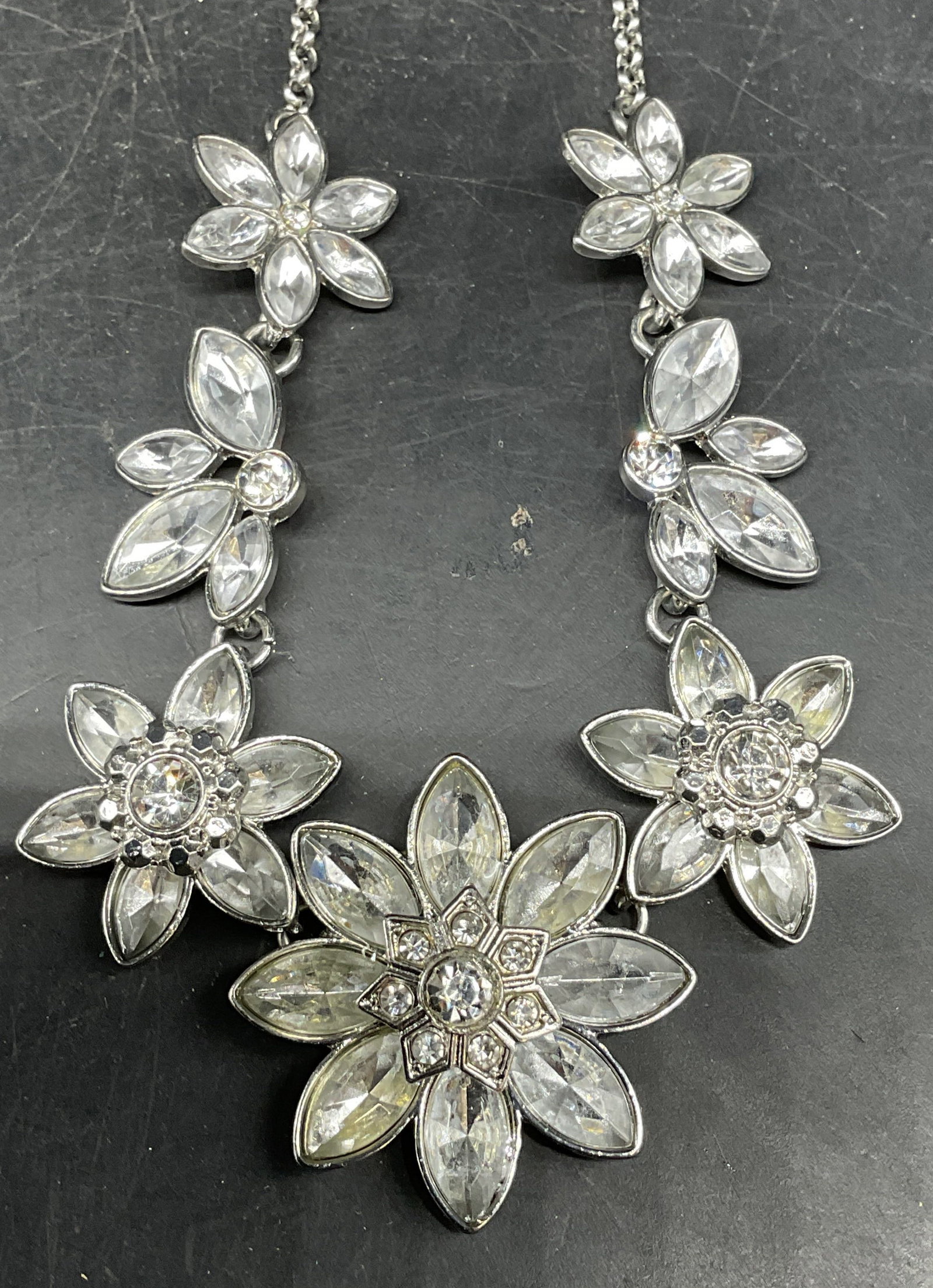 Signed C Silver Tone Crystal Flower Necklace (1 of 6)